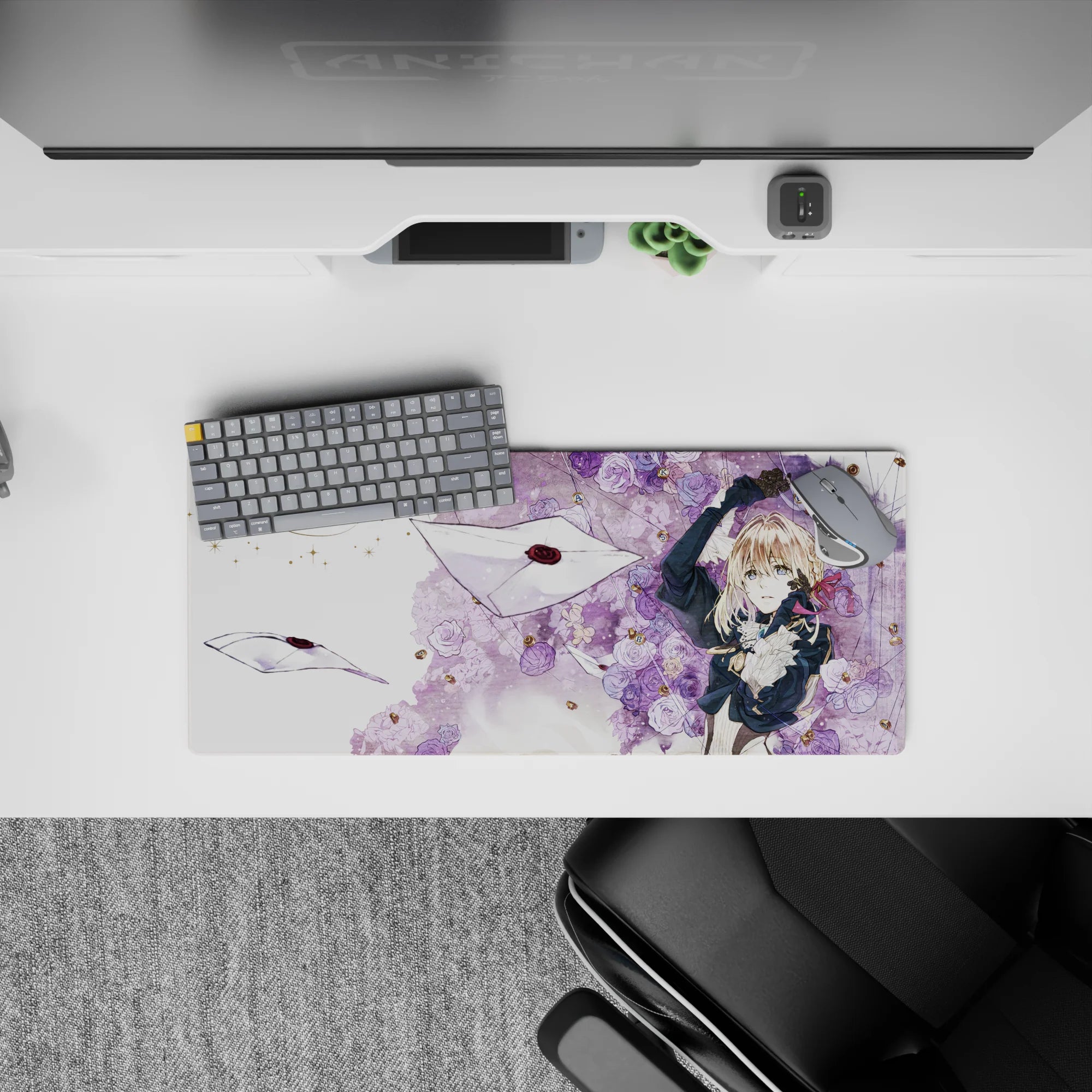 28x12 inches lavender and cream desk mat mouse pad, romantic wistful mood with subtle gold sparkle.