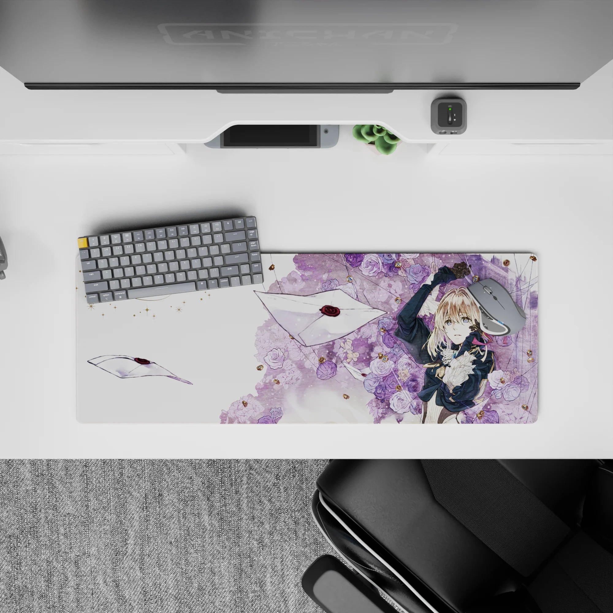 32x12 inches lavender and cream anime desk mouse pad, wistful storybook vibe with ink-black and gold shimmer.