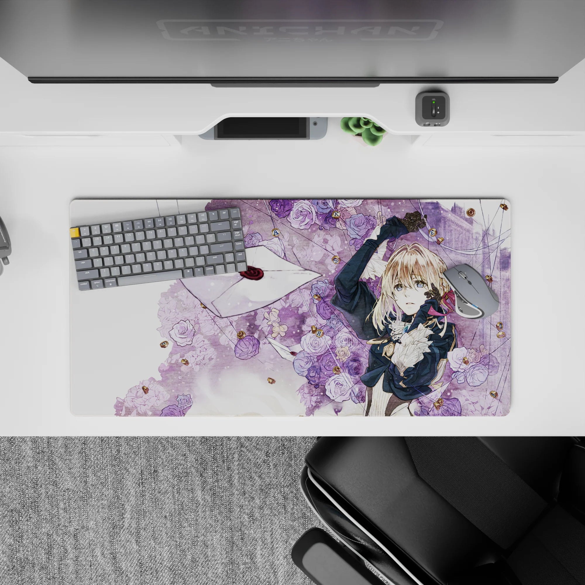 32x16 inches lavender and cream anime desk mat, romantic and wistful mood with ink-black detail.