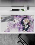 32x16 inches lavender and cream anime desk mat, romantic and wistful mood with ink-black detail.