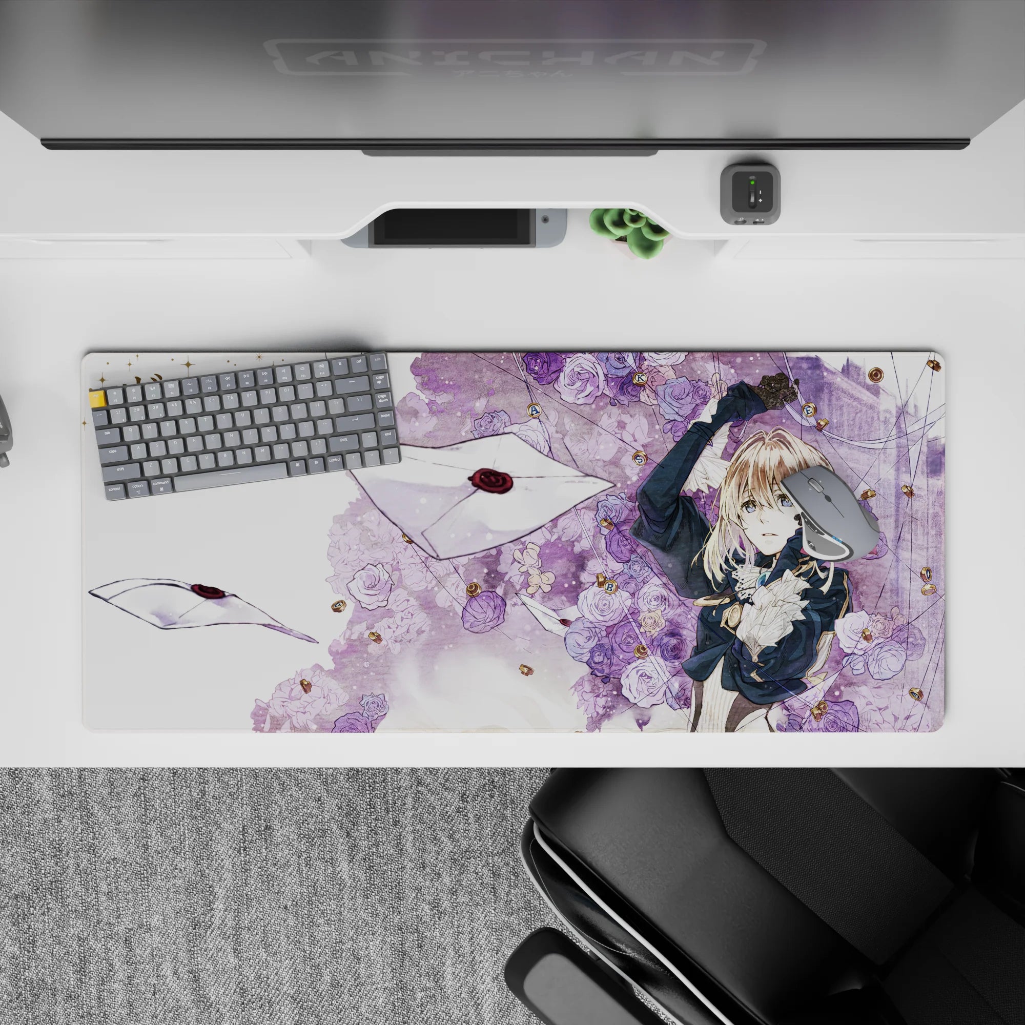 36x16 inches lavender and cream anime desk pad, ink-black lines and sparkling gold, romantic wistful vibe.