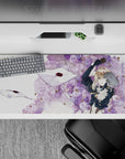 36x16 inches lavender and cream anime desk pad, ink-black lines and sparkling gold, romantic wistful vibe.