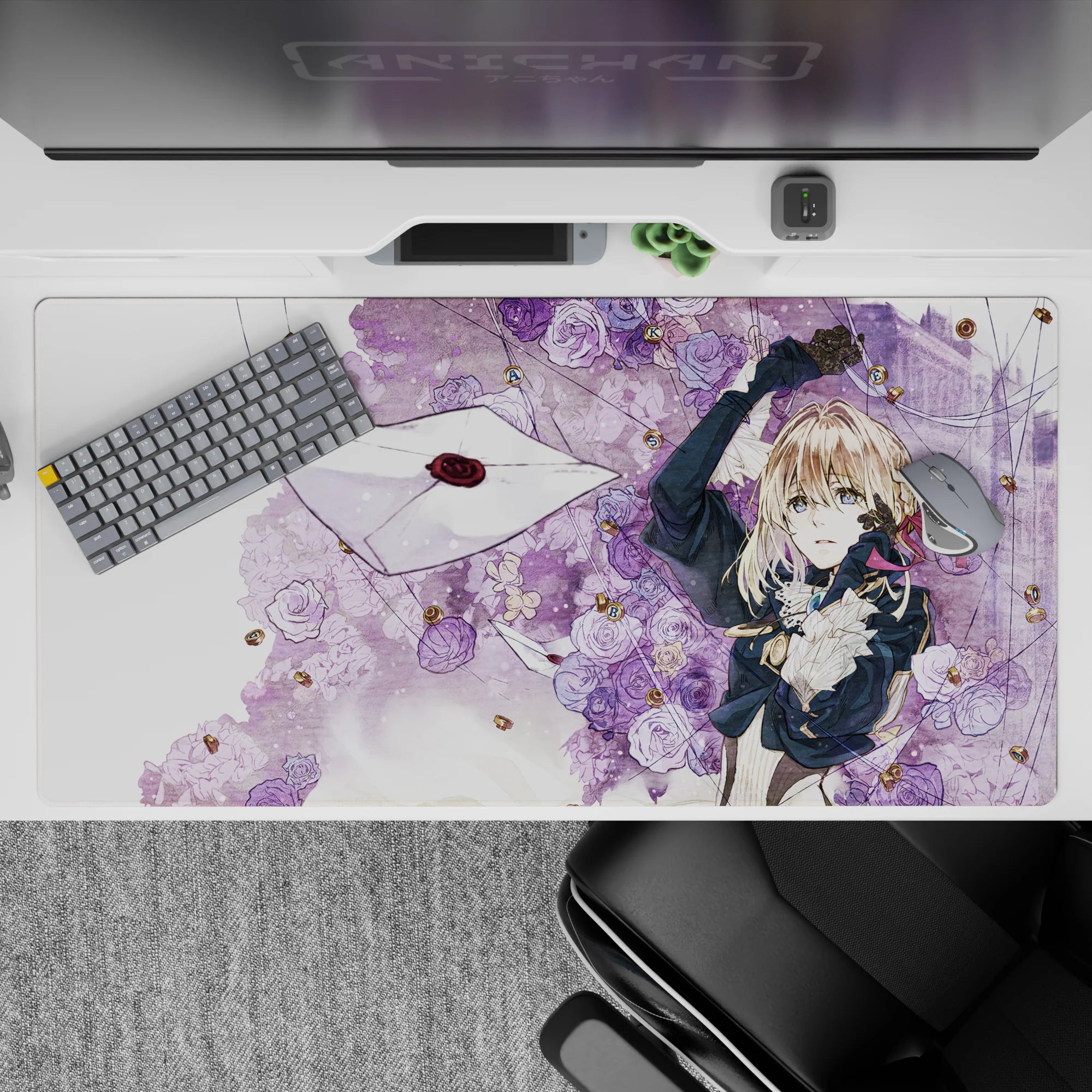 Lavender and cream 40x20 inches anime desk pad, wistful romantic vibe with ink-black lines and sparkle.