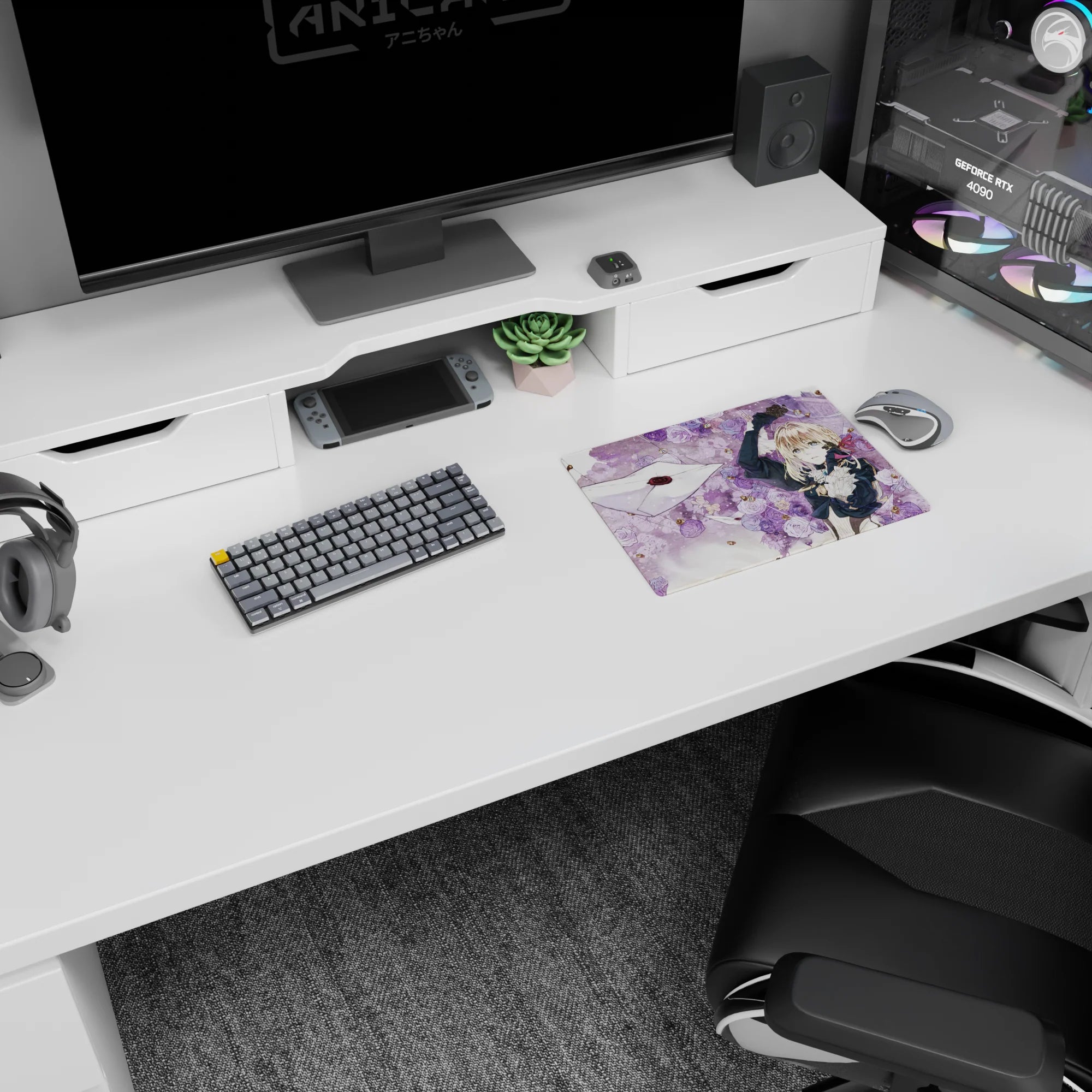 Violet Evergarden reaching for drifting letters on a 14x10 inches classic anime girl mouse pad.