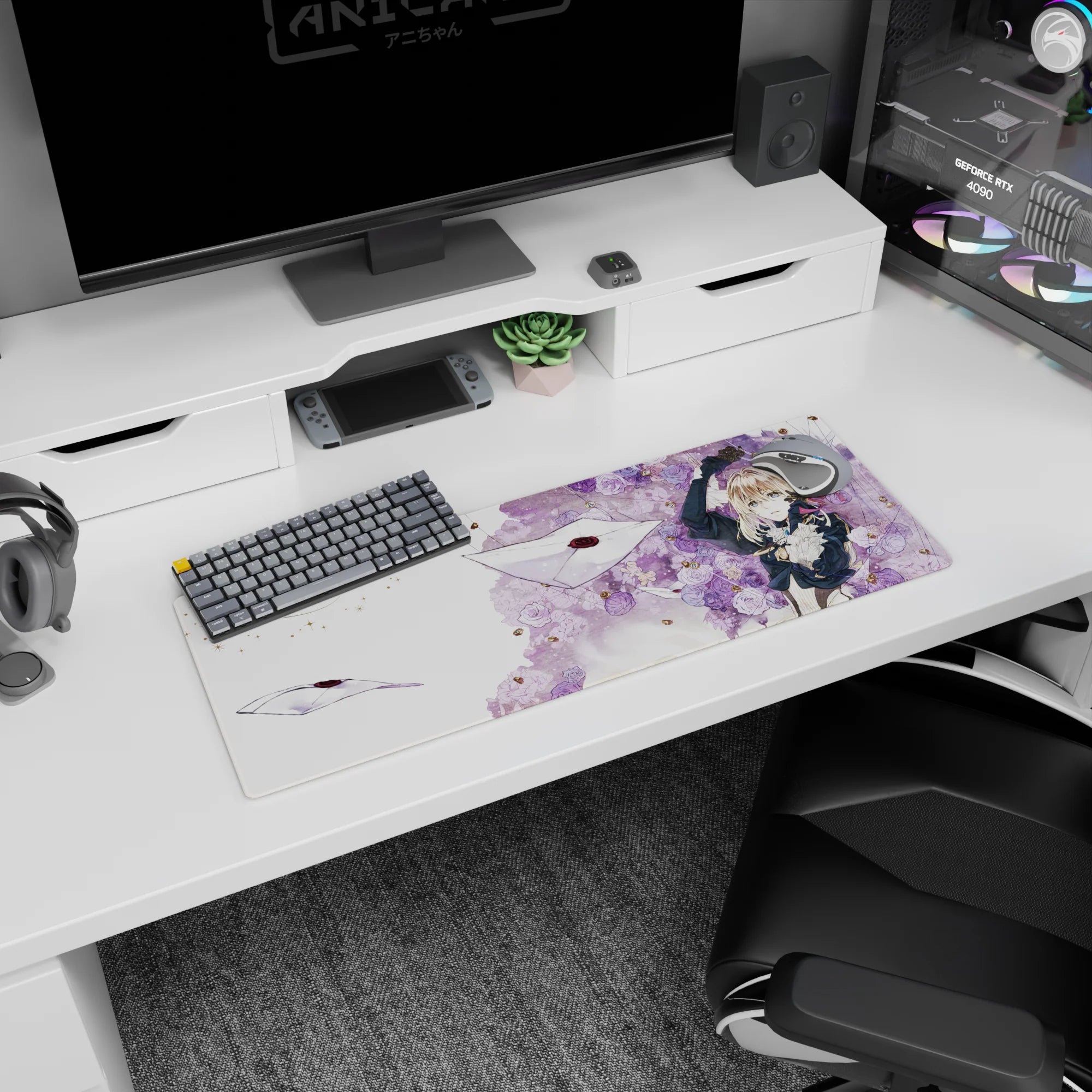 32x12 inches Violet Evergarden mouse pad, Violet reaching for drifting sealed letters among soft violet roses.