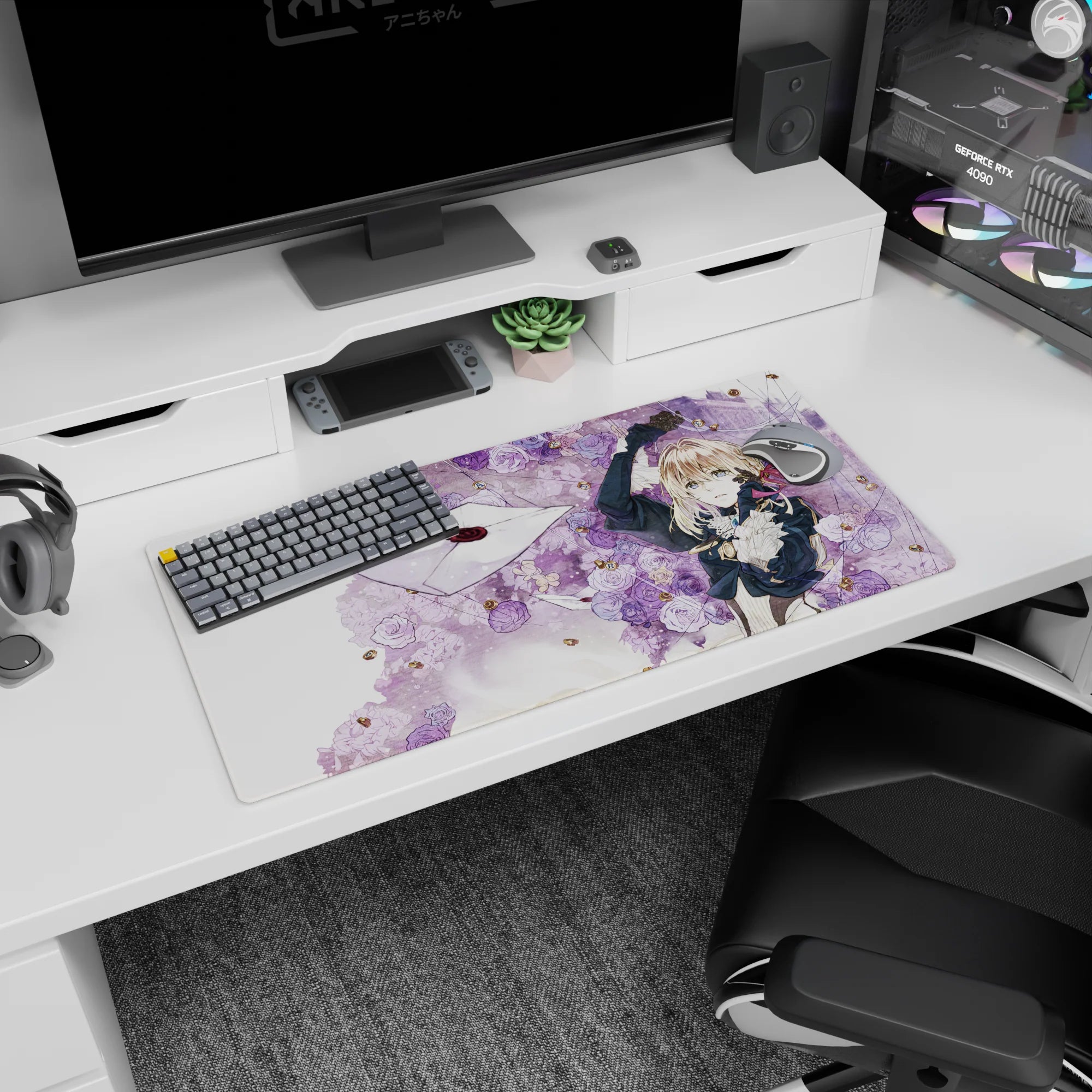 32x16 inches Violet Evergarden mouse pad, Violet reaching as sealed envelopes float past.