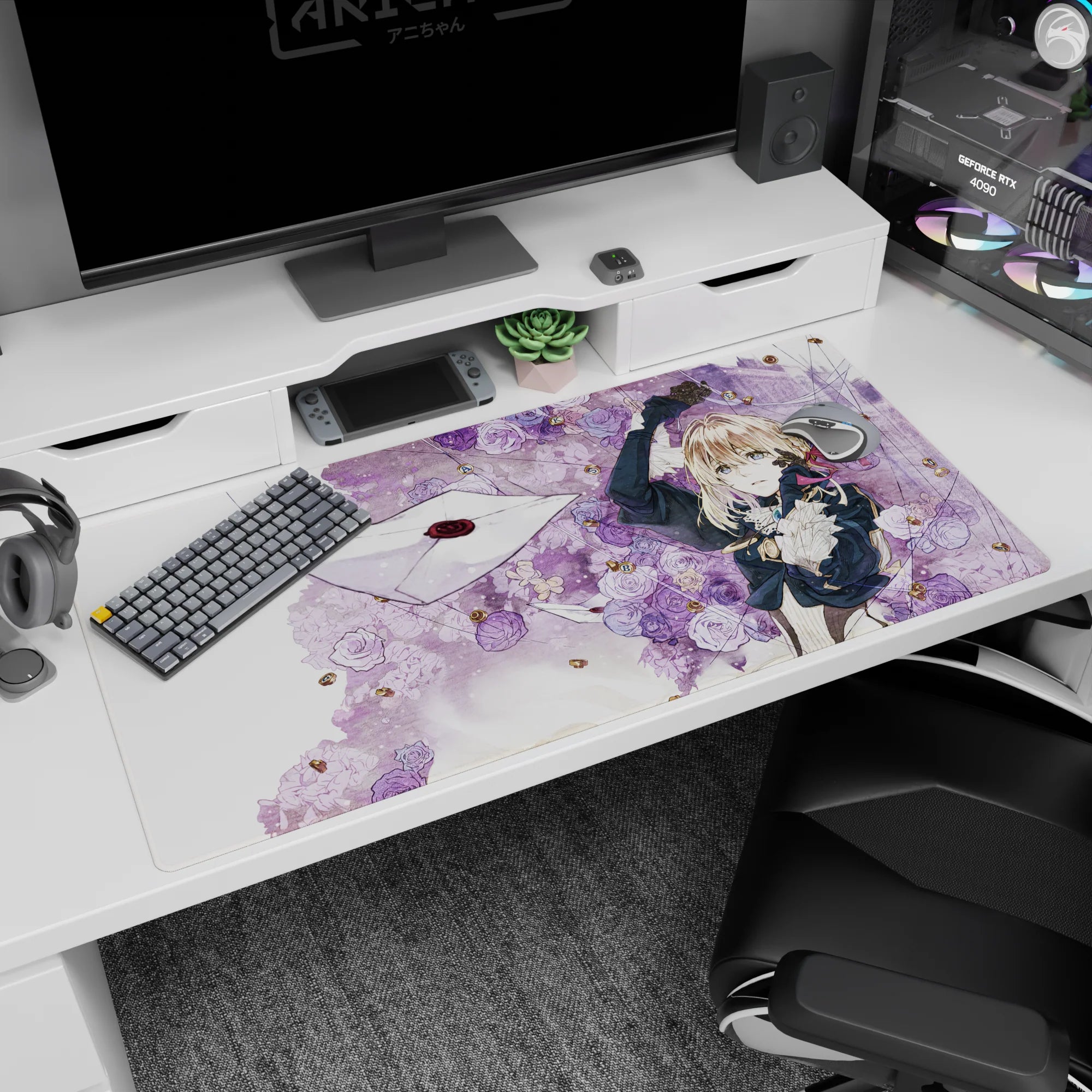 Violet Evergarden reaching for sealed envelopes on a 40x20 inches anime girl desk pad with violet roses.