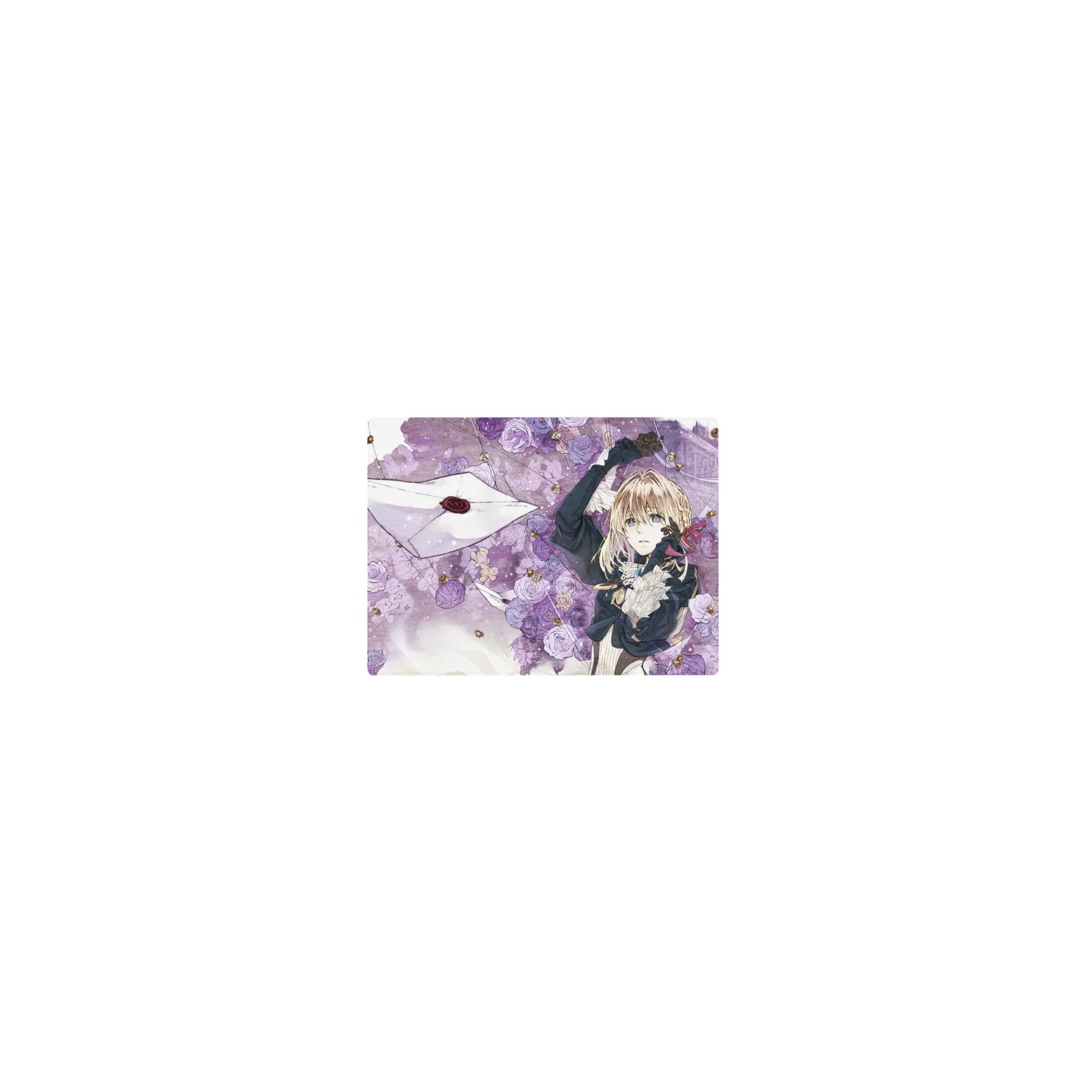 Classic anime girl mouse pad 14x10 inches with violet roses, floating envelopes, and gold sparkle accents.