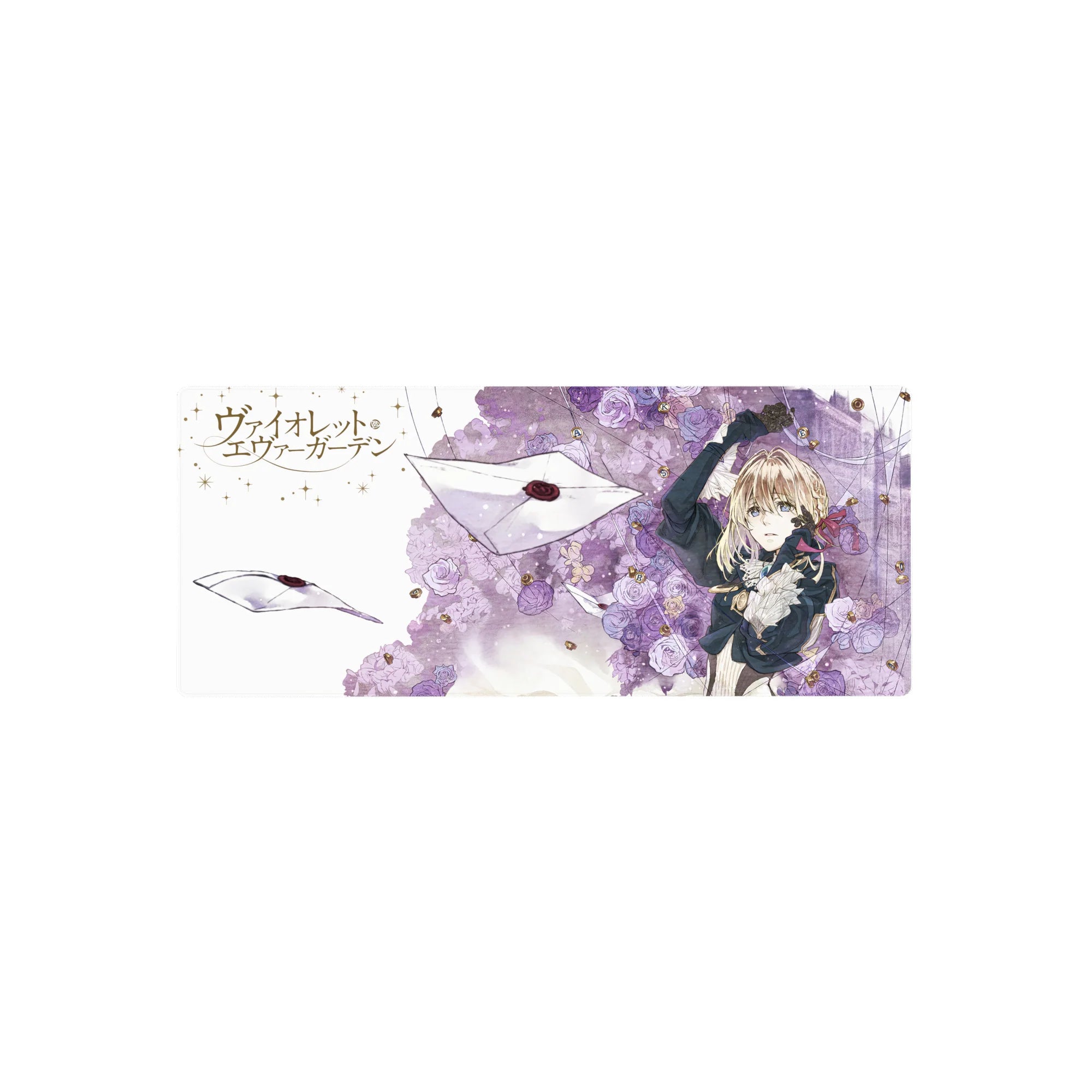 28x12 inches anime girl mouse pad with violet roses, floating letters, and gold ink accents.