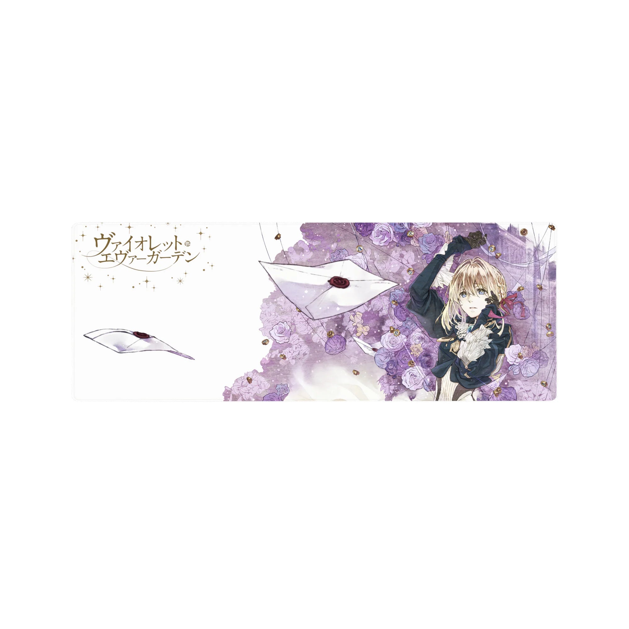 32x12 inches anime girl mouse pad with violet roses, floating envelopes, and gold accents, romantic desk mat.