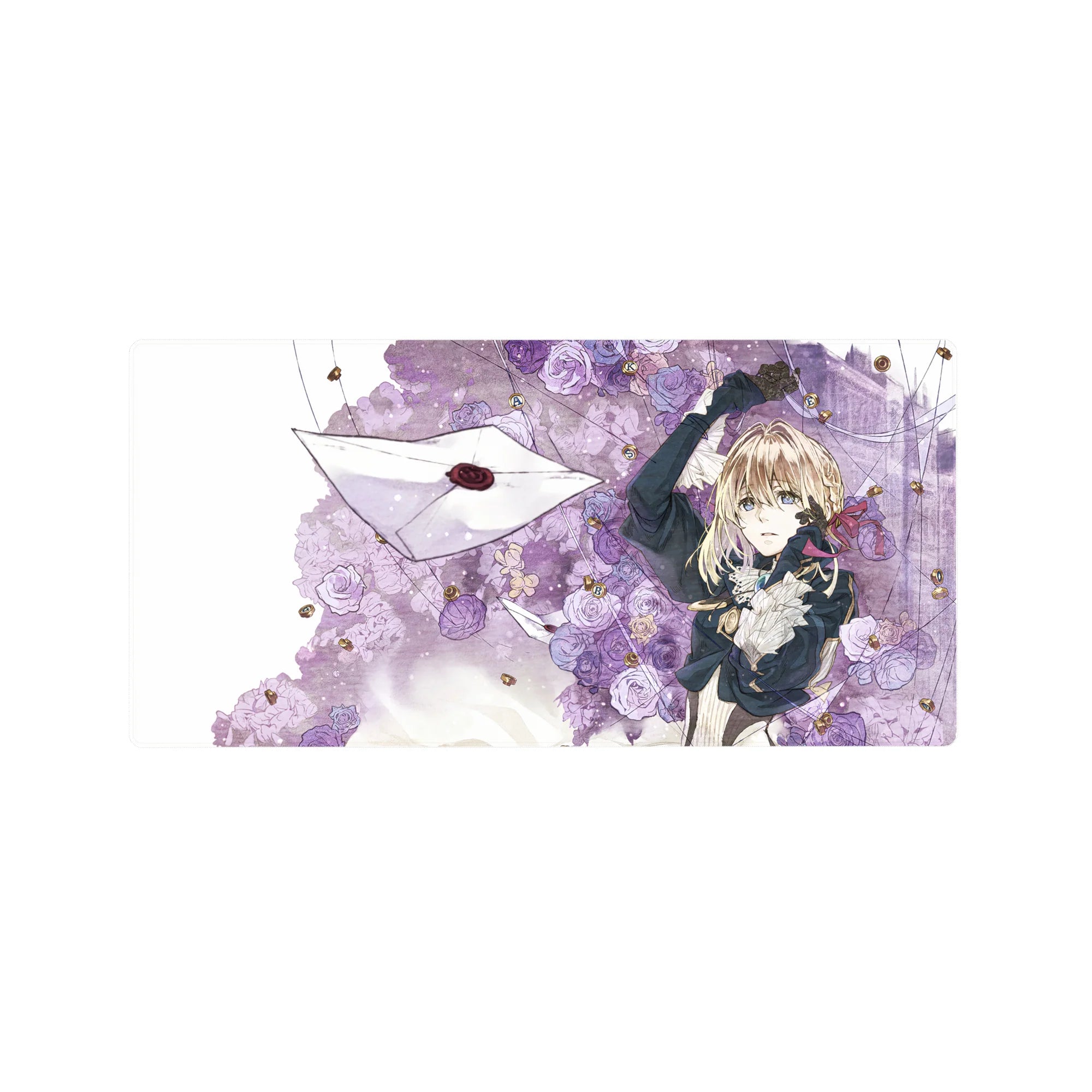 32x16 inches anime girl mouse pad with violet roses, drifting letters, and gold sparkle accents.
