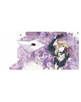 32x16 inches anime girl mouse pad with violet roses, drifting letters, and gold sparkle accents.
