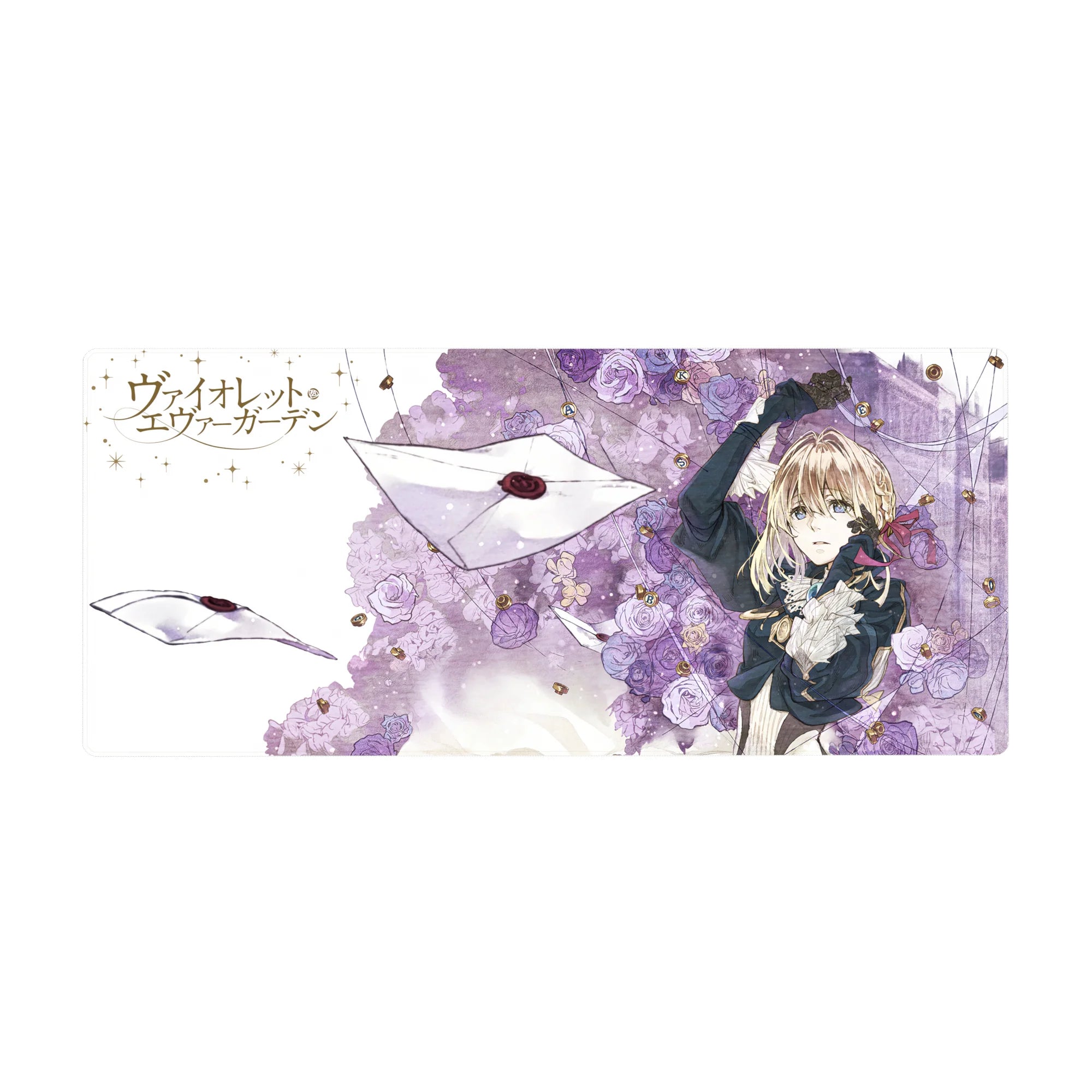 36x16 inches anime girl desk pad with violet roses, floating letters, and gold accents for smooth glide.