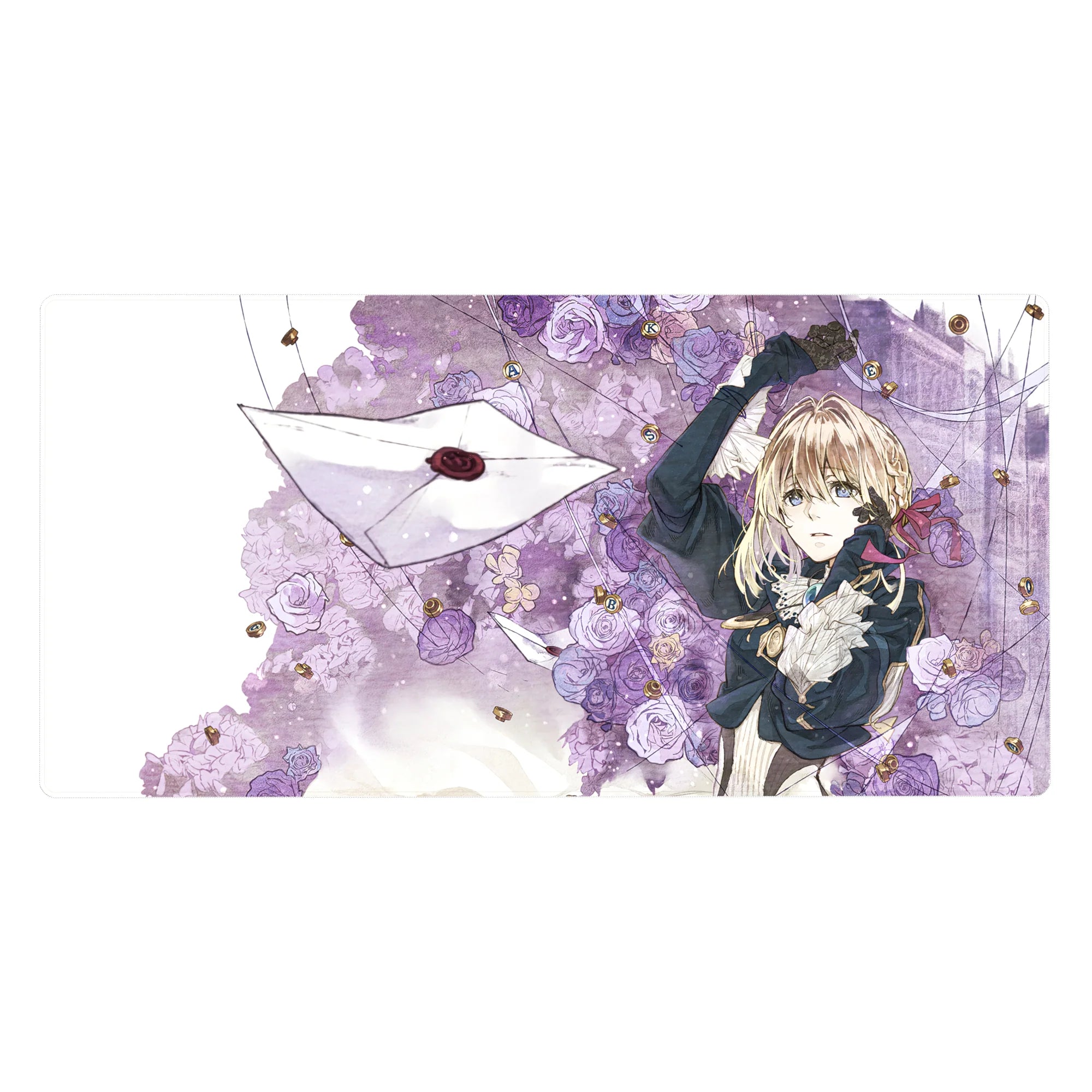 Violet Evergarden anime girl desk pad 40x20 inches with roses, floating letters, and gold accents.