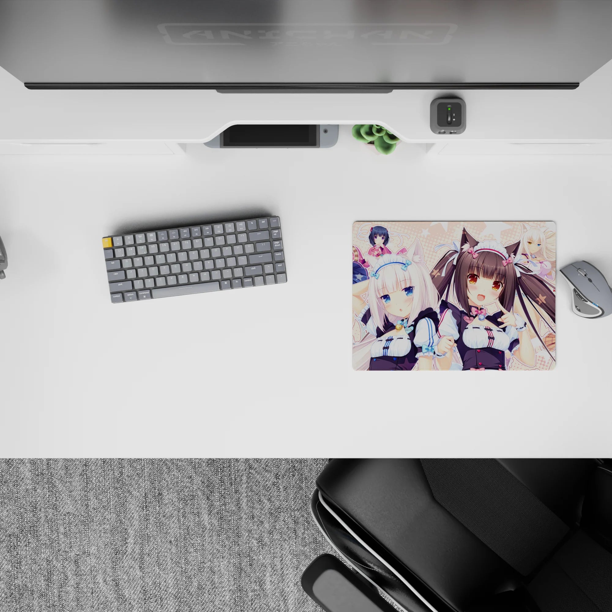 Pastel pink polka dot anime girl mouse pad 14x10 inches, cozy cute vibe with blue bursts and sweets.