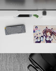 Pastel pink polka dot anime girl mouse pad 14x10 inches, cozy cute vibe with blue bursts and sweets.