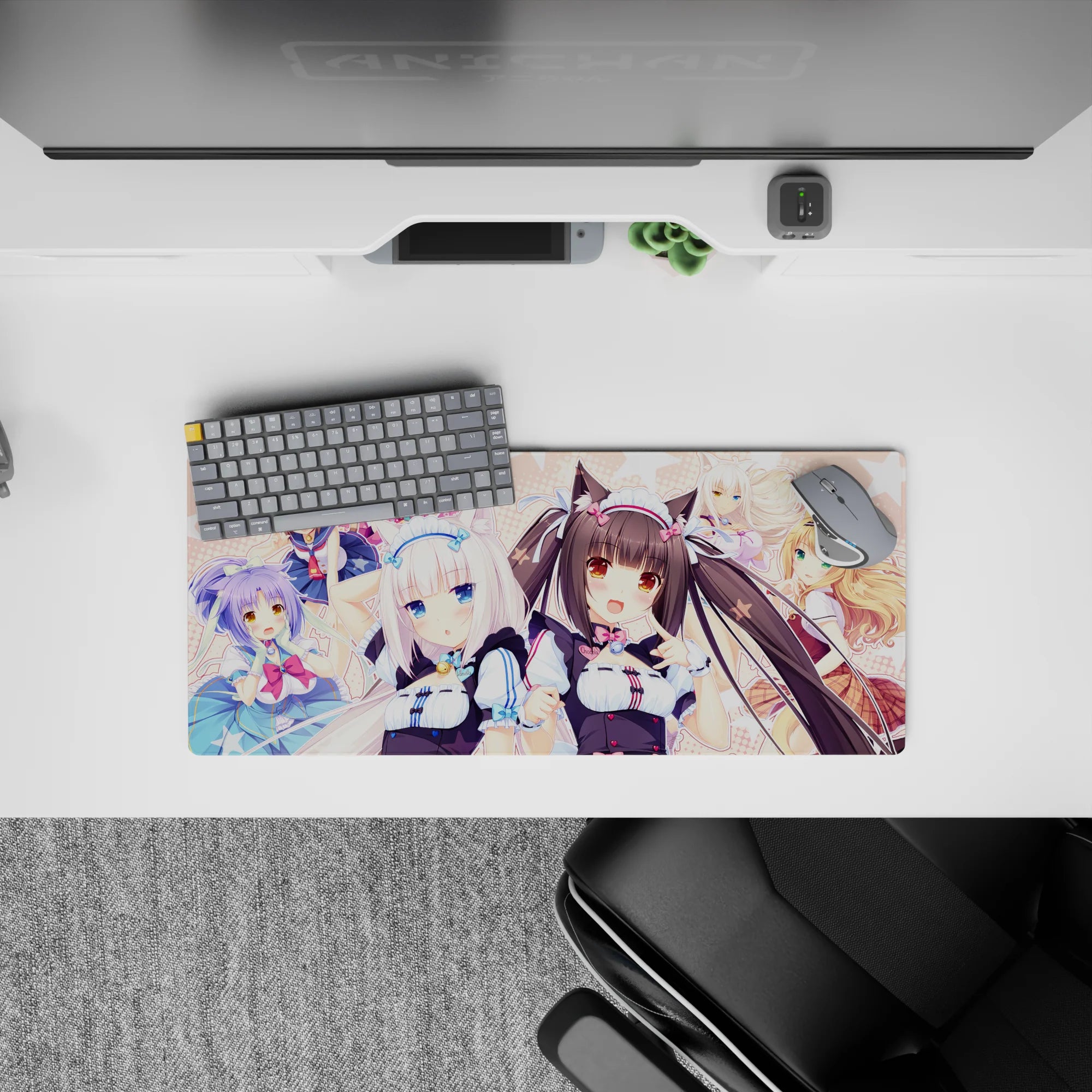 28x12 inches pastel pink polka dot mouse pad with candy accents and cozy kawaii catgirl vibes.