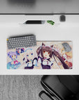 28x12 inches pastel pink polka dot mouse pad with candy accents and cozy kawaii catgirl vibes.
