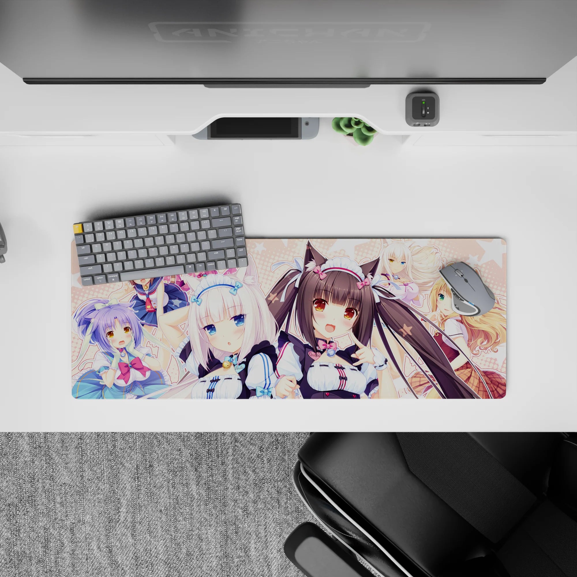 32x12 inches pastel pink polka dot desk mat with candy accents and cozy blue hues, playful anime vibe.