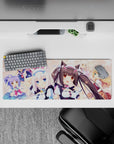 32x12 inches pastel pink polka dot desk mat with candy accents and cozy blue hues, playful anime vibe.