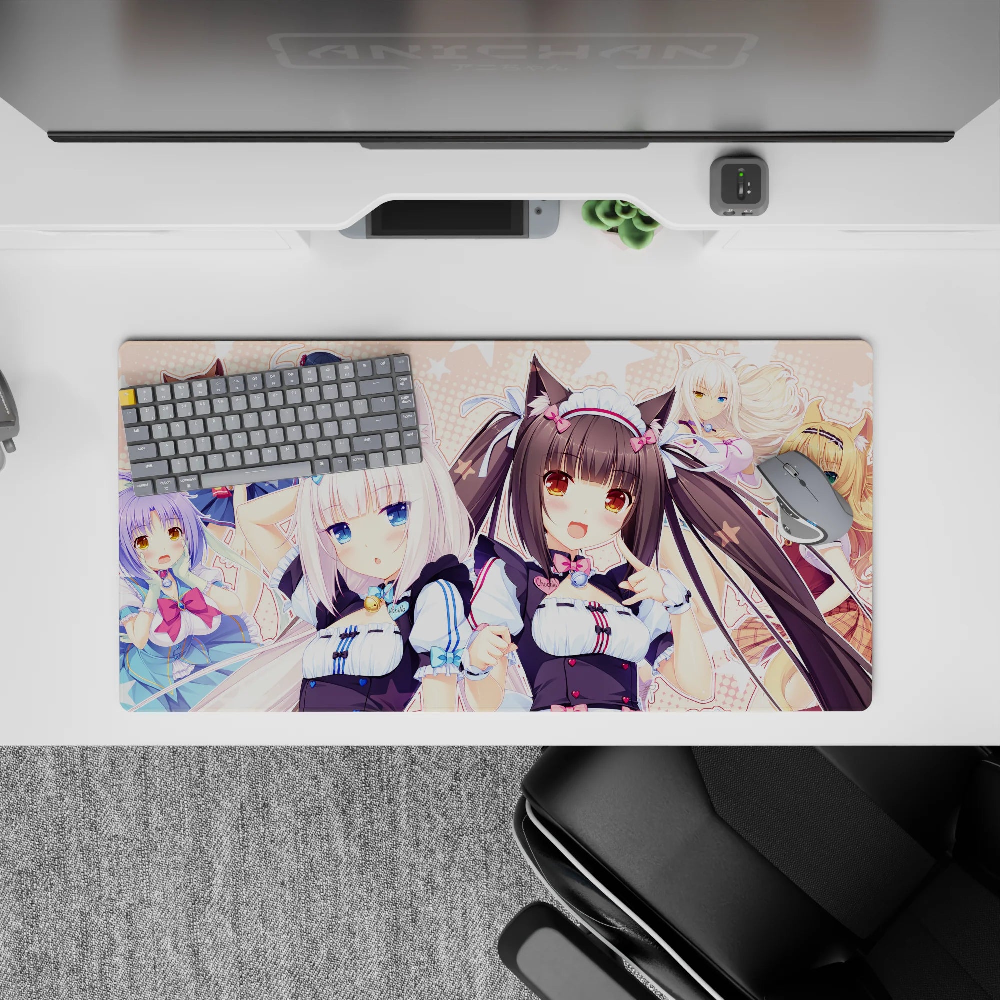 Pastel pink polka-dot anime girl mouse pad 32x16 inches with candy accents and cozy cute vibes.