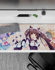 Pastel pink polka dot anime desk pad 36x16 inches, cozy cute catgirl vibe with bright blues and sweets.