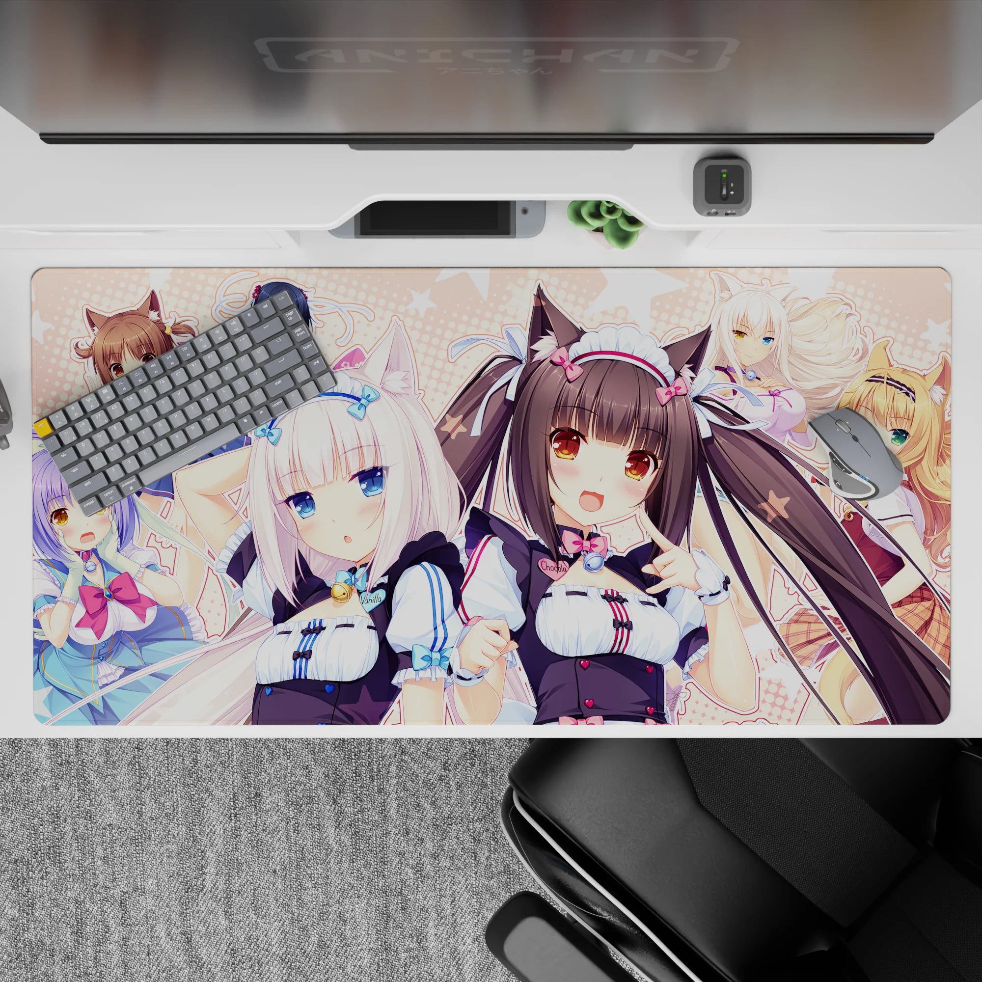 40x20 inches pastel pink and blue desk pad, cozy kawaii mood with playful catgirl energy.