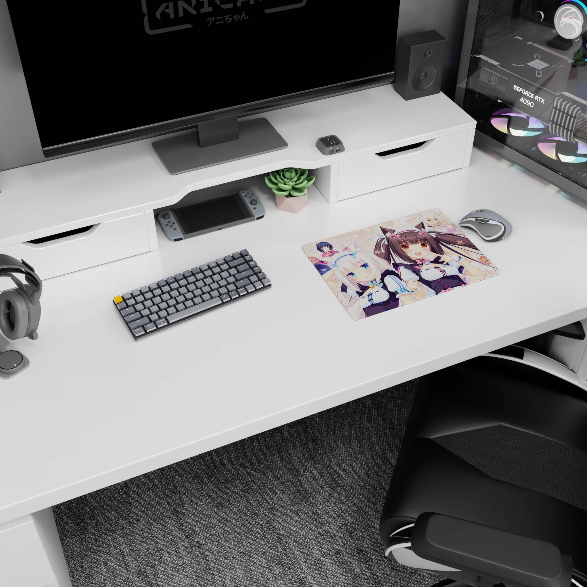 Chocola and Vanilla Nekopara catgirl duo on classic mouse pad 14x10 inches, teasing smile and perked ears.