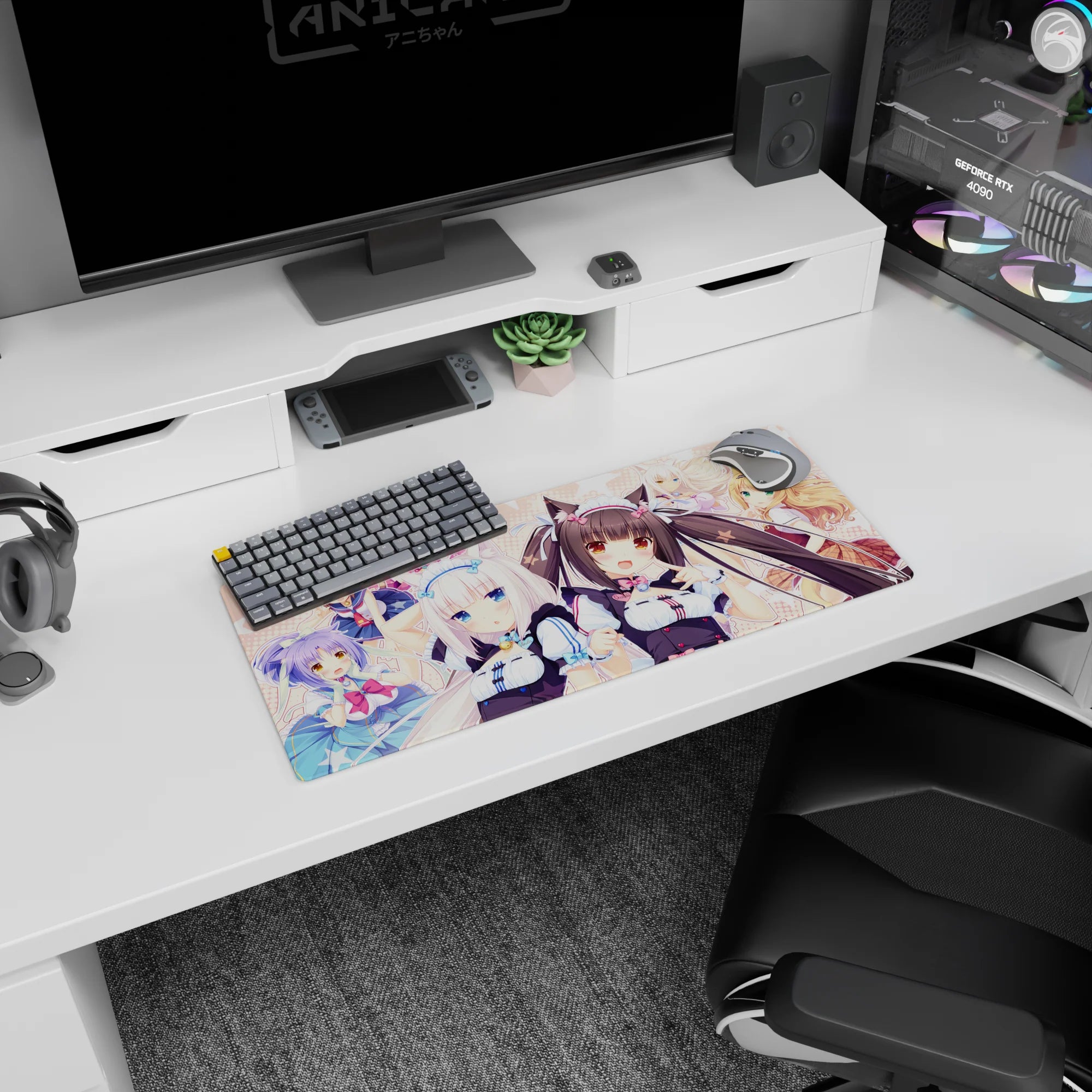 28x12 inches Nekopara mouse pad showing Chocola and Vanilla smiling front and center at your desk.