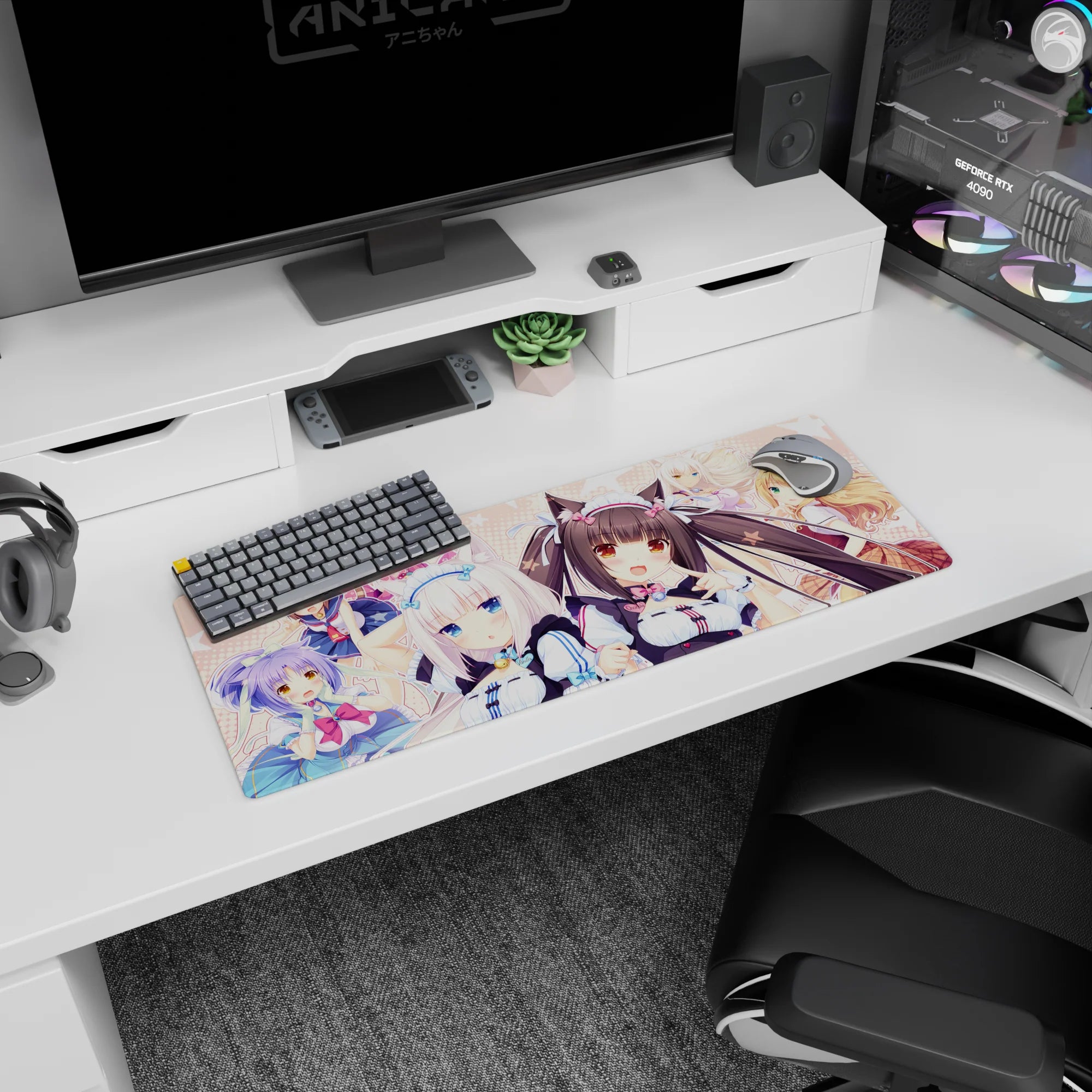 32x12 inches Nekopara mouse pad featuring Chocola and Vanilla front and center with perked ears and smiles.