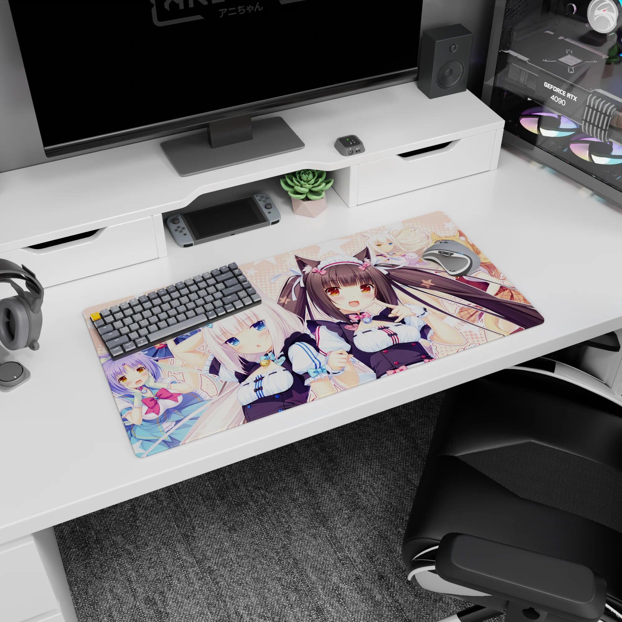 Nekopara Chocola and Vanilla anime girl mouse pad 32x16 inches, ears perked, teasing smile, pastel desk mat.