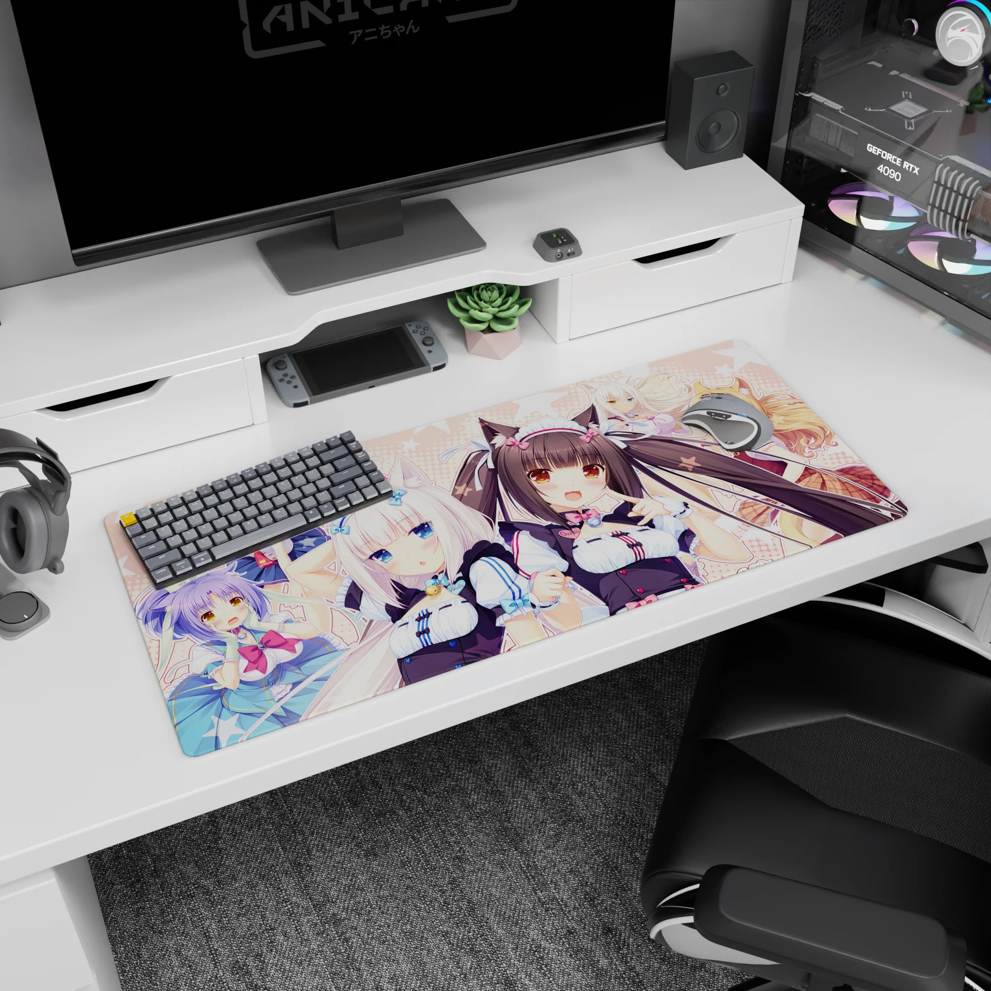 Chocola and Vanilla front-facing on anime desk pad 36x16 inches, teasing smiles, perked ears, neat ribbons.