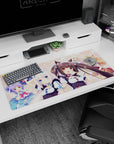 Chocola and Vanilla front-facing on anime desk pad 36x16 inches, teasing smiles, perked ears, neat ribbons.