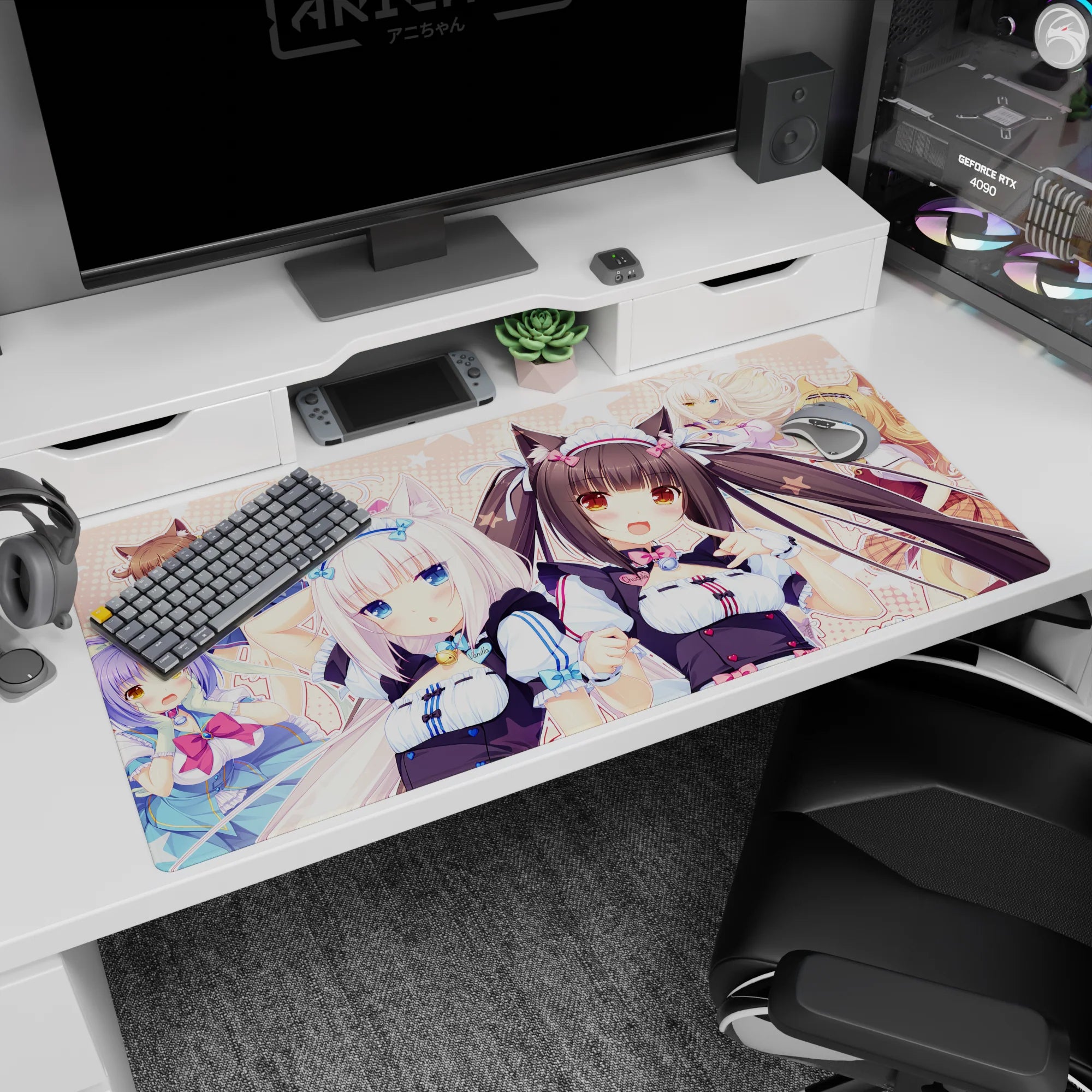 40x20 inches Nekopara desk pad featuring Chocola and Vanilla smiling with perked ears and neat bows.