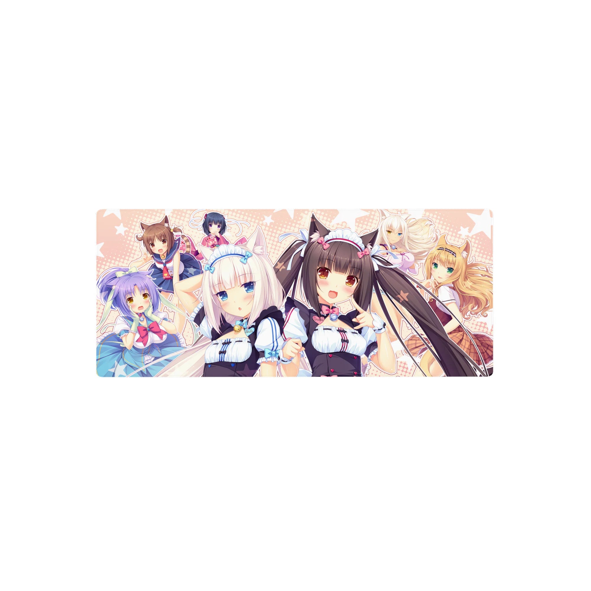 28x12 inches anime girl mouse pad with Chocola and Vanilla catgirls, bows, perked ears, crisp print.