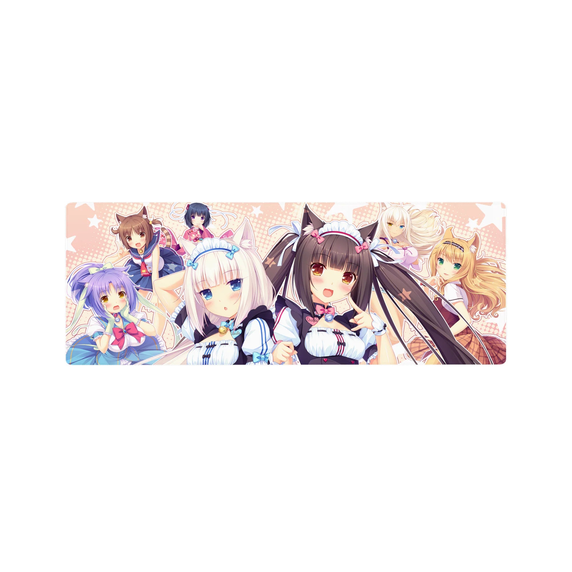 32x12 inches anime girl mouse pad with Nekopara catgirls, bows, ears, and candy polka dot design.