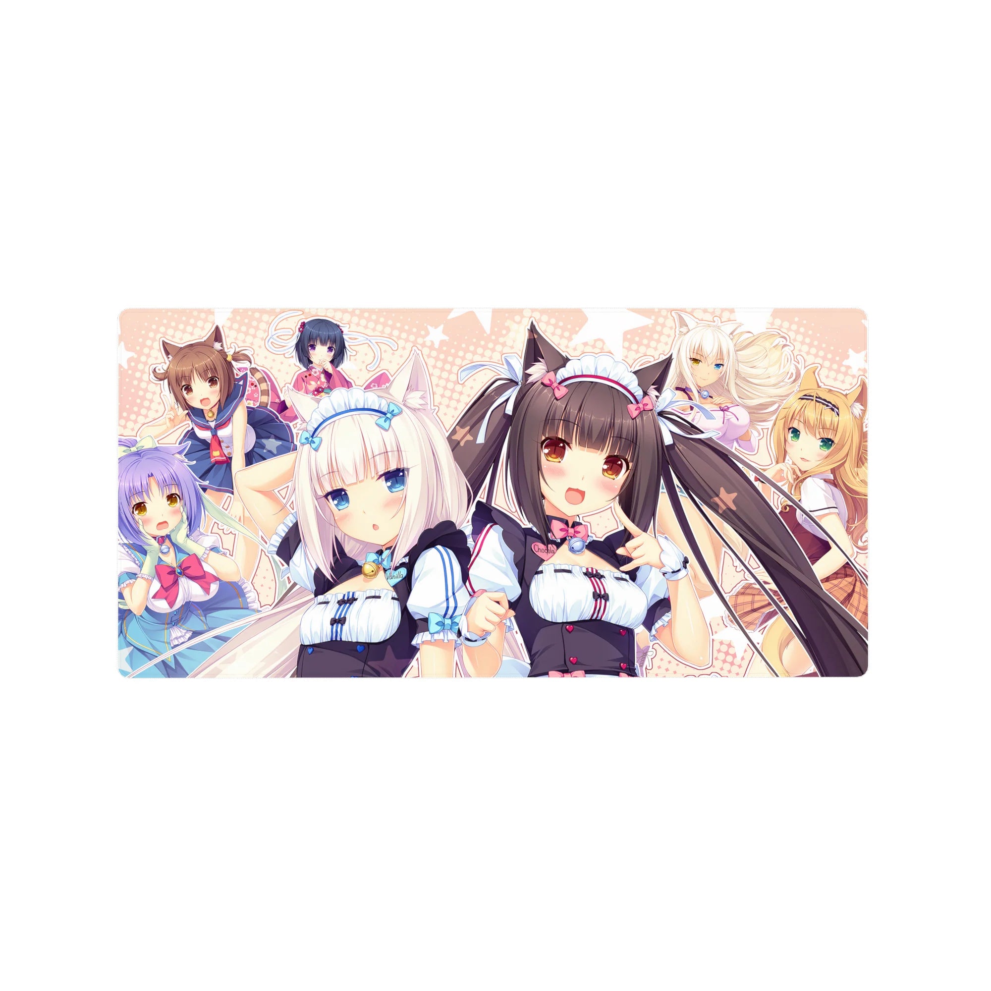 Anime girl mouse pad 32x16 inches featuring catgirls Chocola and Vanilla with bows, polka dots, and candy.