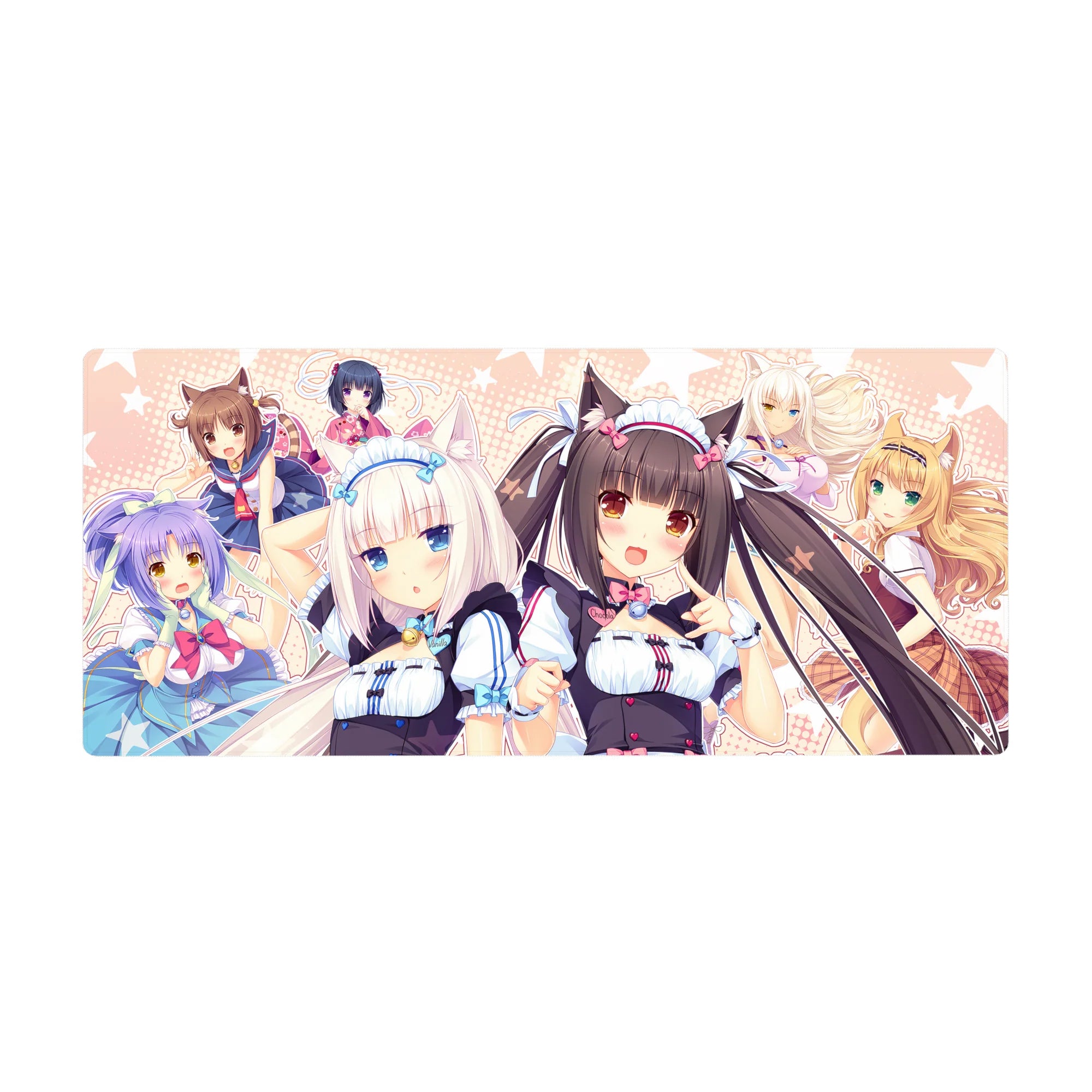 Nekopara anime girl desk pad 36x16 inches with Chocola and Vanilla, cat ears, bows, and candy accents.