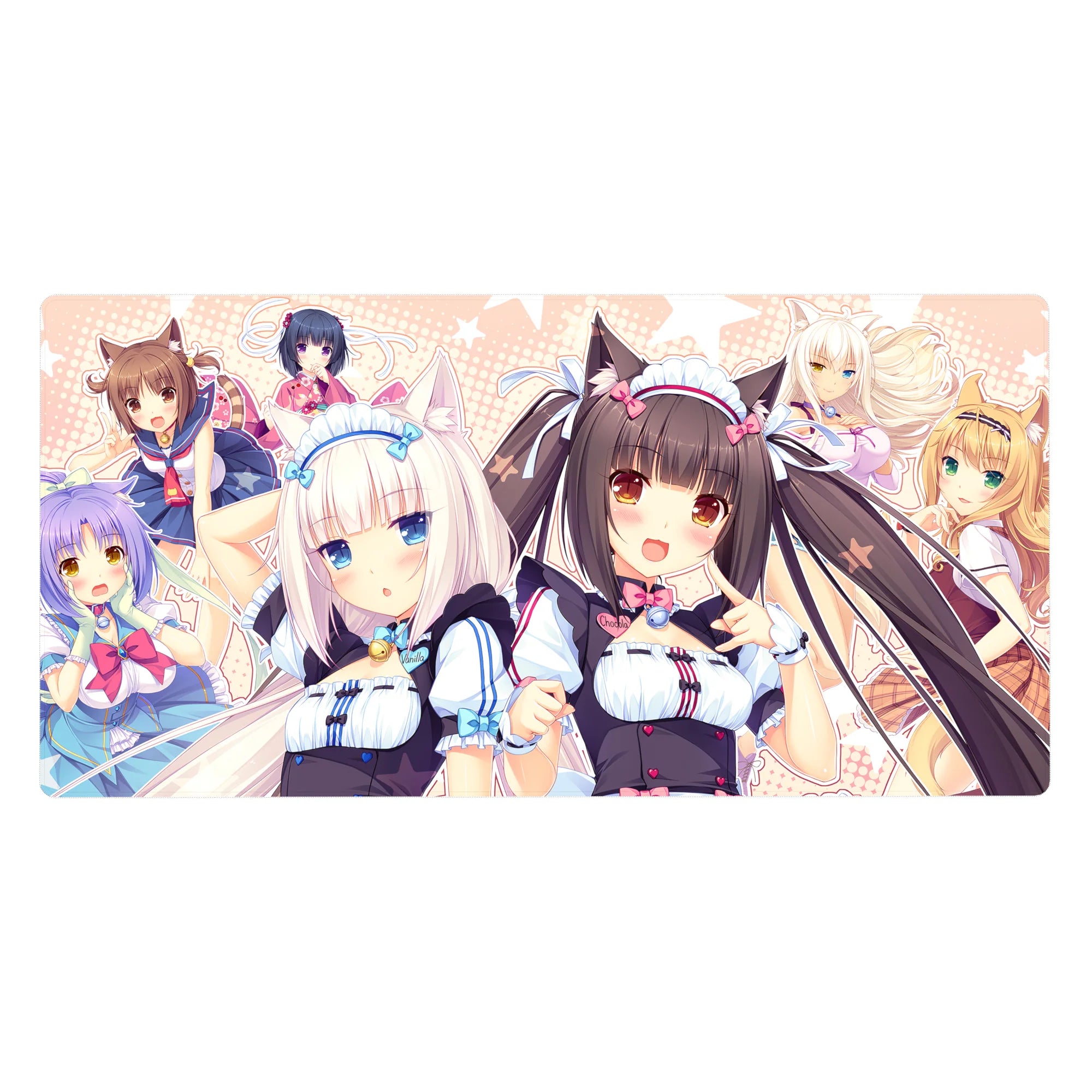 40x20 inches anime girl desk pad with Nekopara catgirls, bows, polka dots, and candy accents.