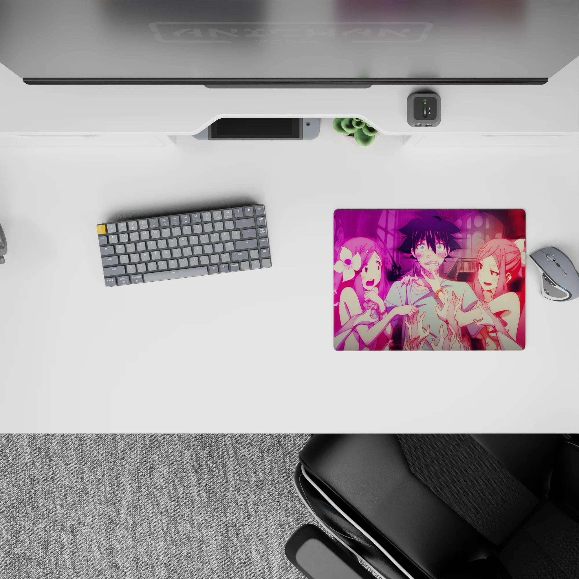 Neon-pink, glossy chaos anime mouse pad 14x10 inches with vivid print and dramatic night pop.