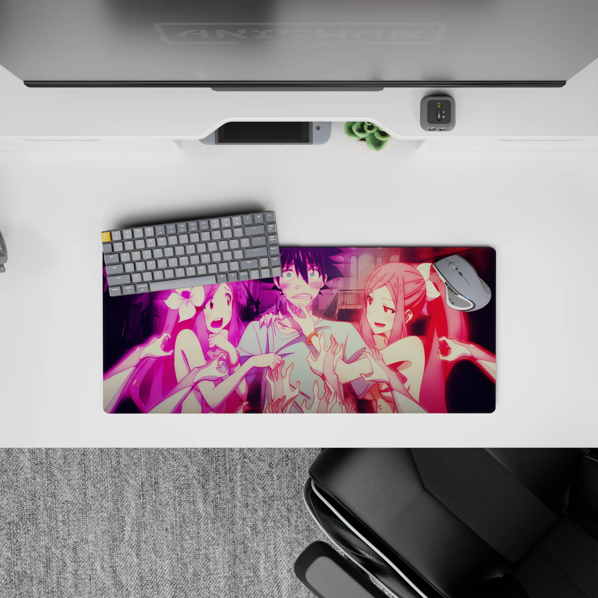 28x12 inches anime mouse pad in neon pink with glossy gothic drama, vivid print, and high-energy mood.