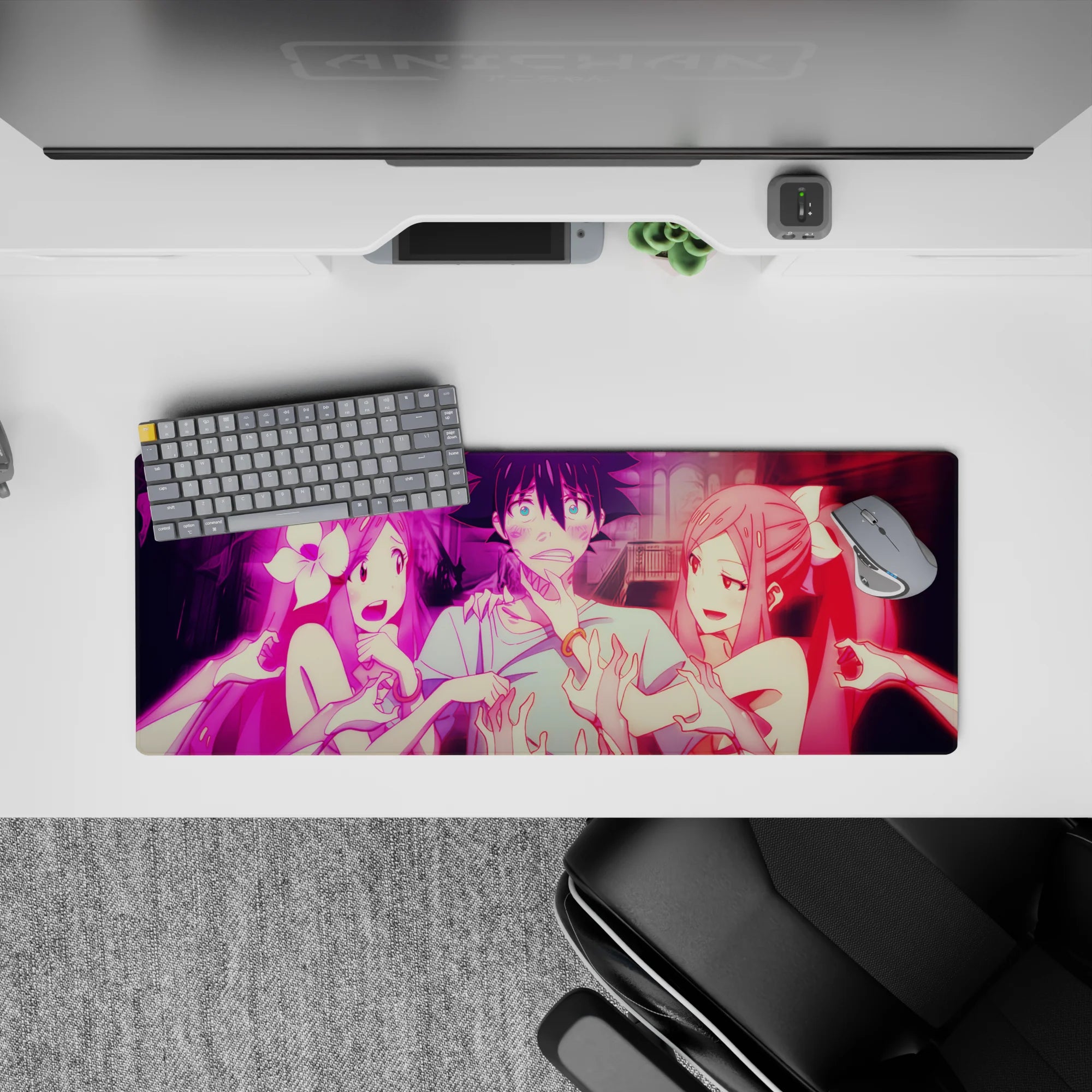 32x12 inches anime mouse pad in neon pink and shadowy gothic tones, vivid print with chaotic energy.