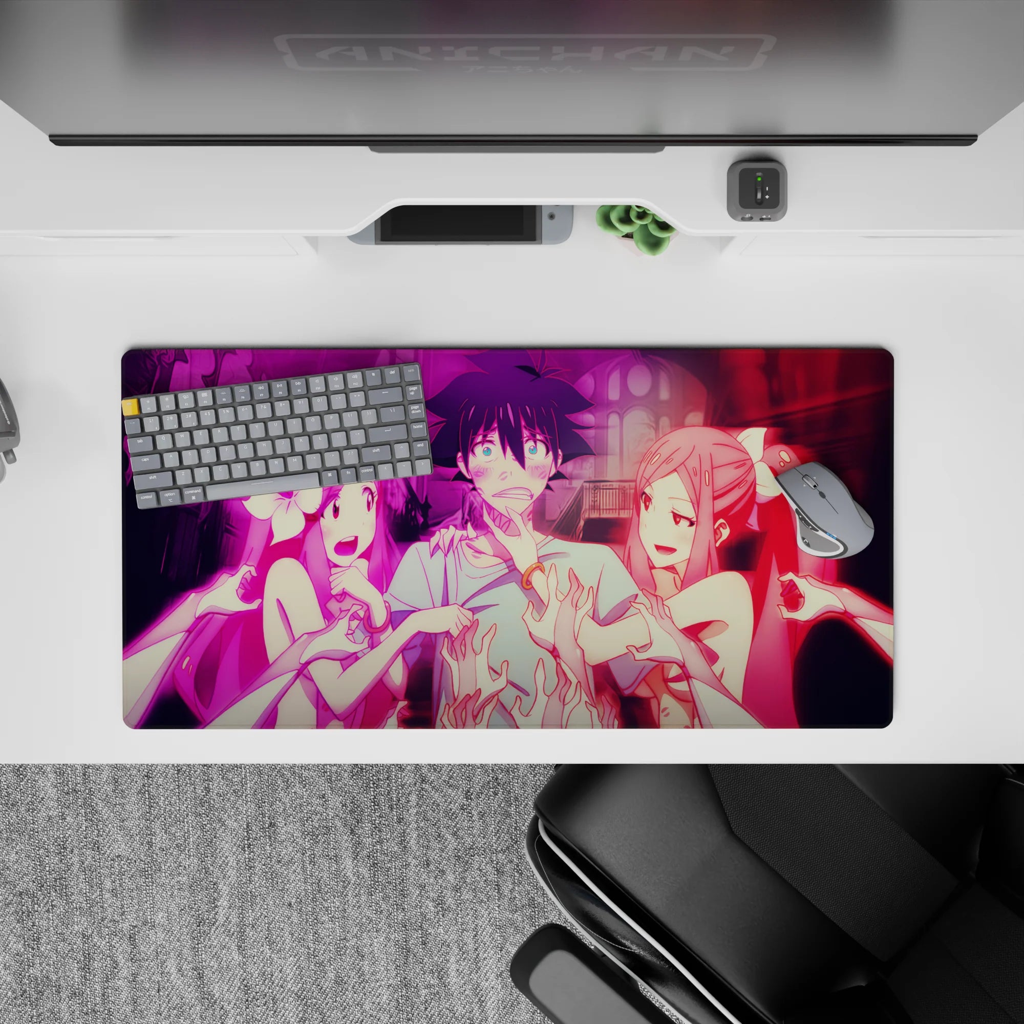 32x16 inches anime mouse pad in neon pink and glossy shadows, high-energy teasing vibe at night.