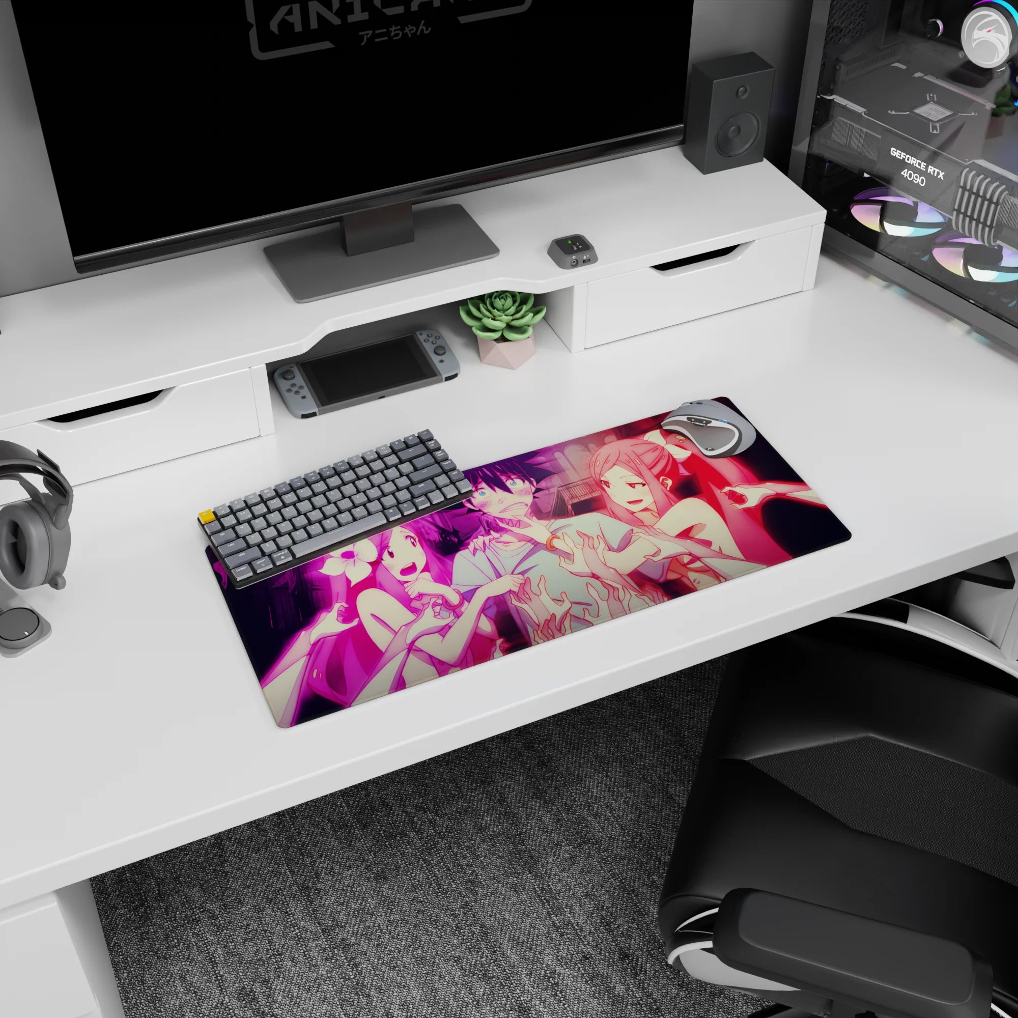 28x12 inches anime mouse pad showing a flustered black-haired guy pulled by two ribbon-bow girls, ghost hands below.