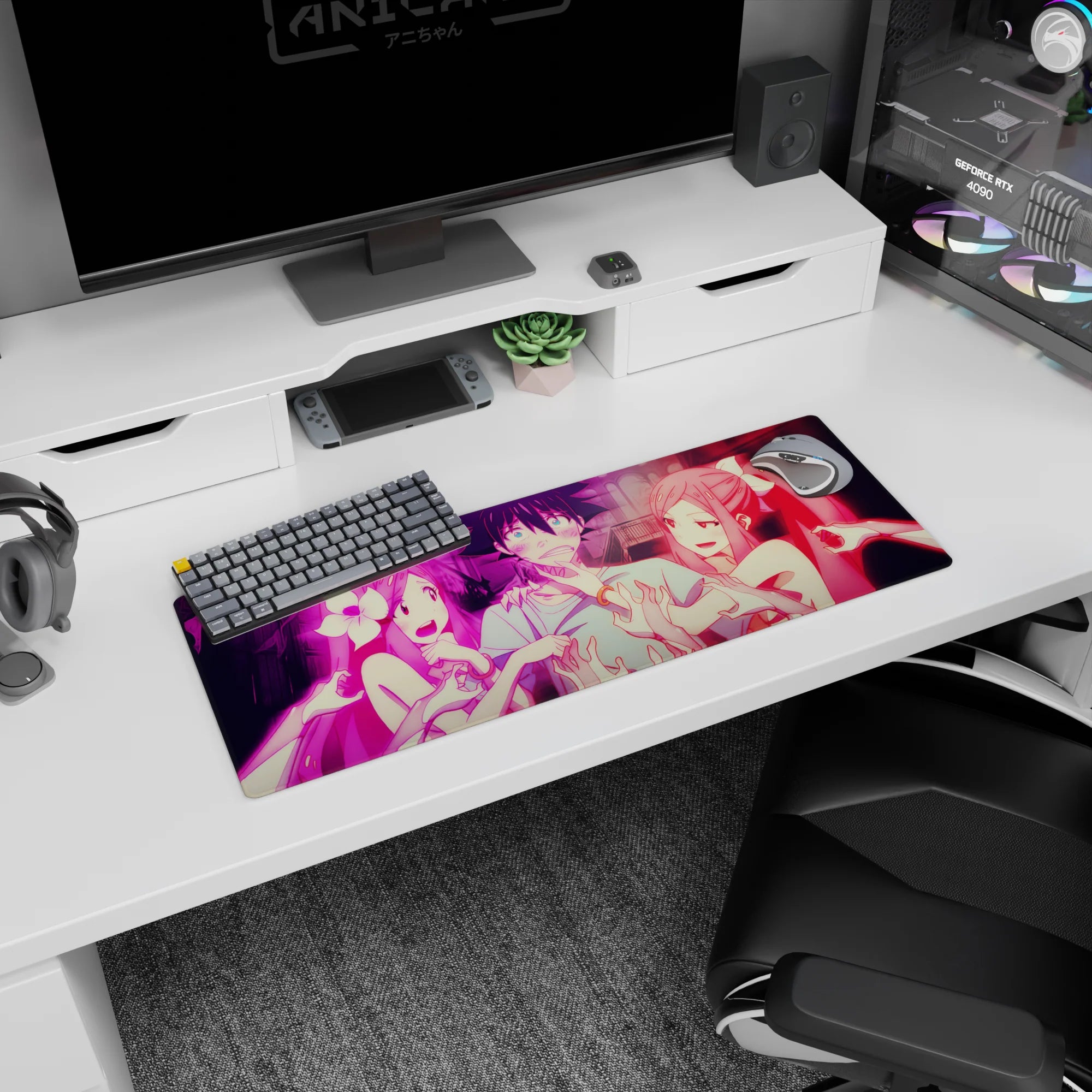 32x12 inches anime mouse pad showing flustered black-haired guy tugged by two ribboned girls, ghost hands.