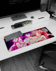 32x12 inches anime mouse pad showing flustered black-haired guy tugged by two ribboned girls, ghost hands.