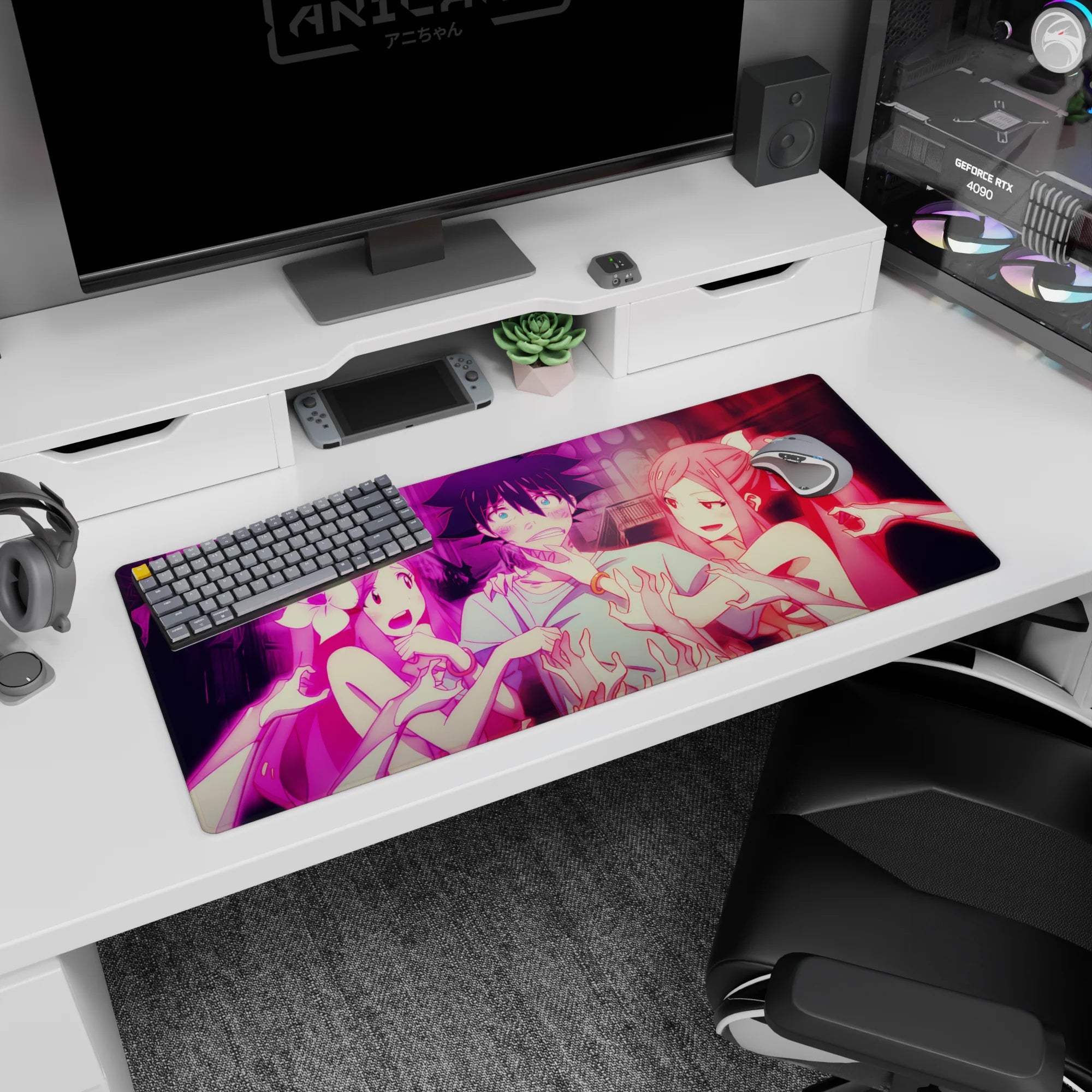 36x16 inches anime desk pad showing flustered black-haired guy tugged by two ribboned girls, ghost hands below.