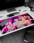 40x20 inches anime desk pad showing flustered black-haired guy pulled by two ribbon-bow girls, comic panic hands.