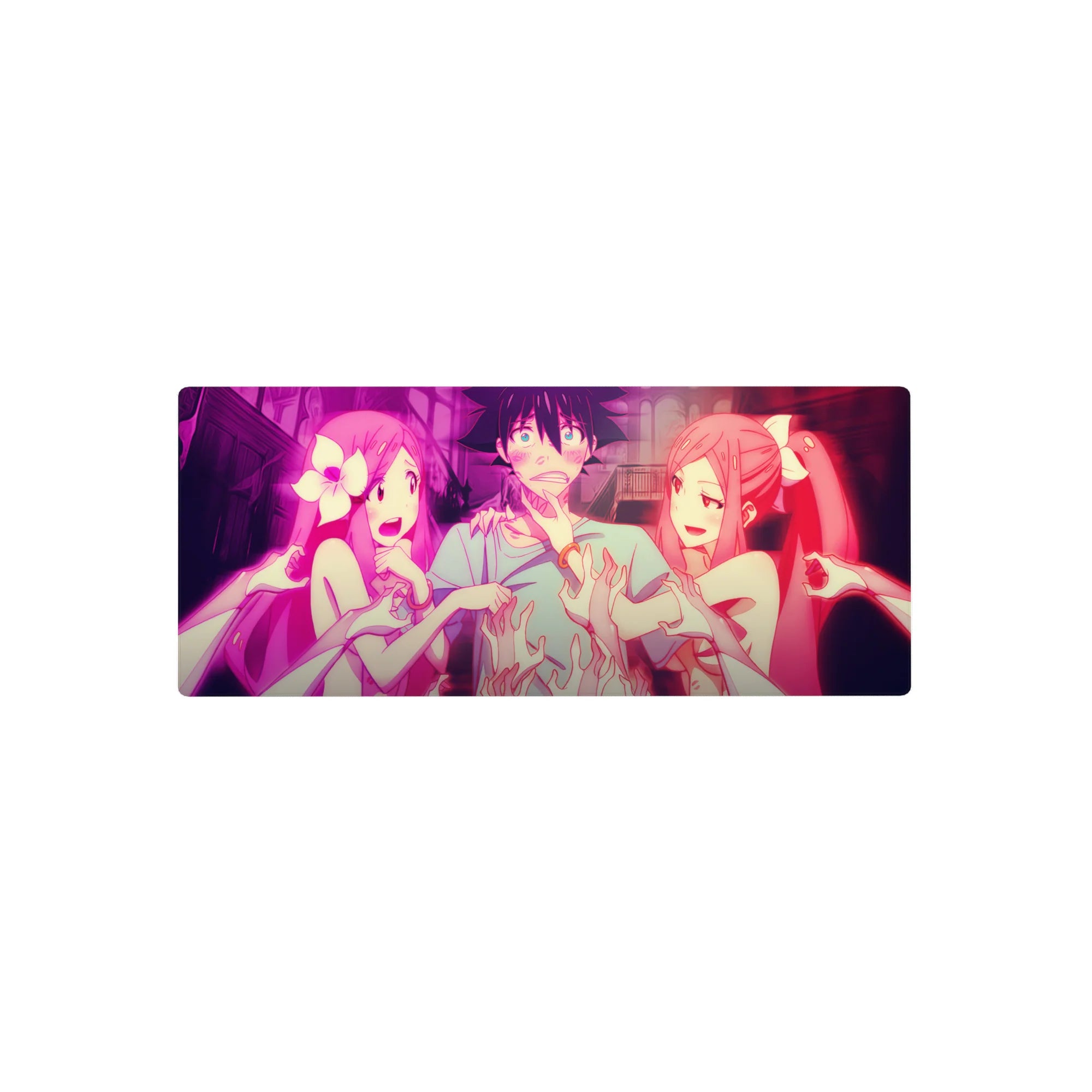 28x12 inches anime mouse pad with neon-pink chaos scene, cathedral windows, ribbons, and ghostly hands.