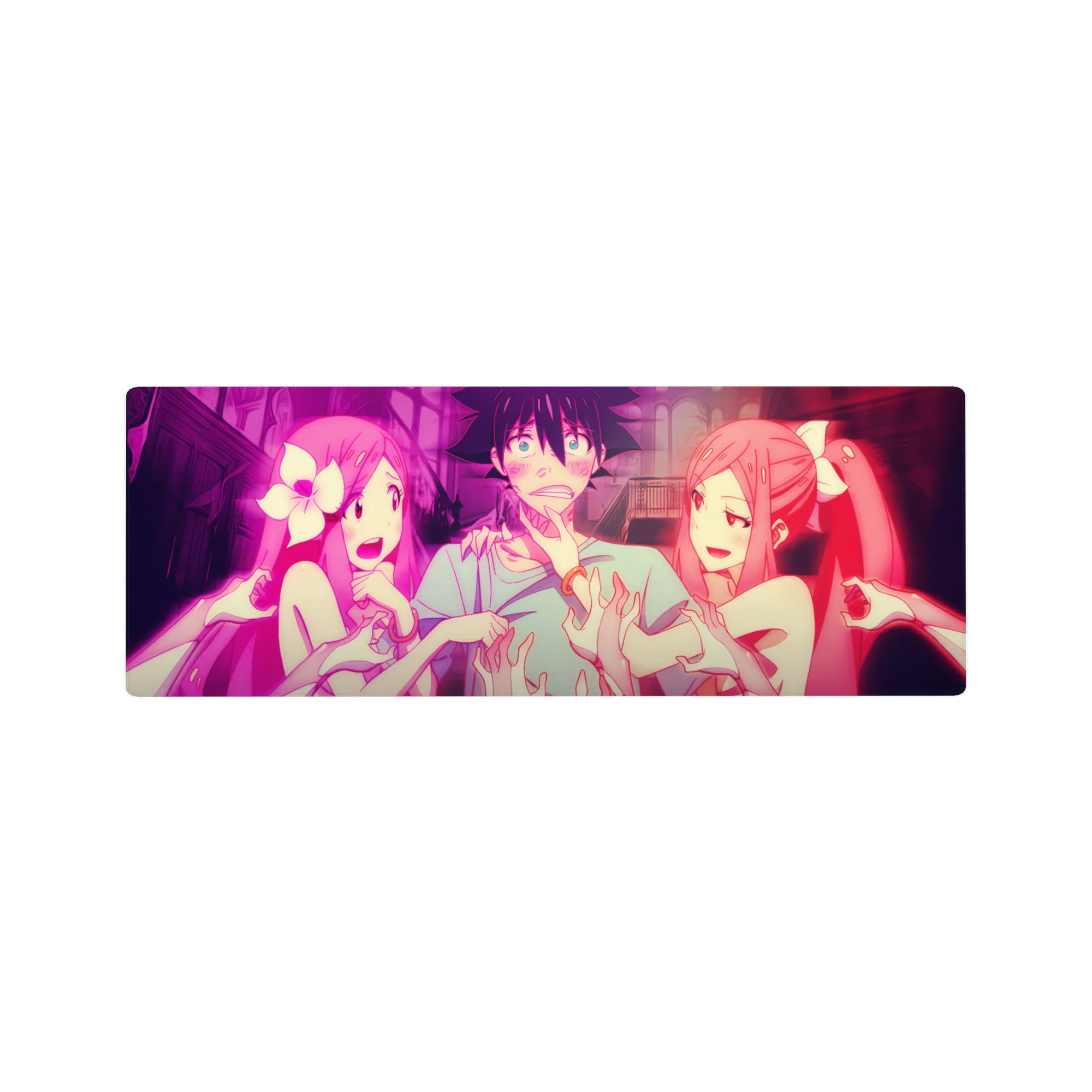 32x12 inches anime mouse pad with neon-pink gothic cathedral scene, ribbons, ghost hands, glossy drama.